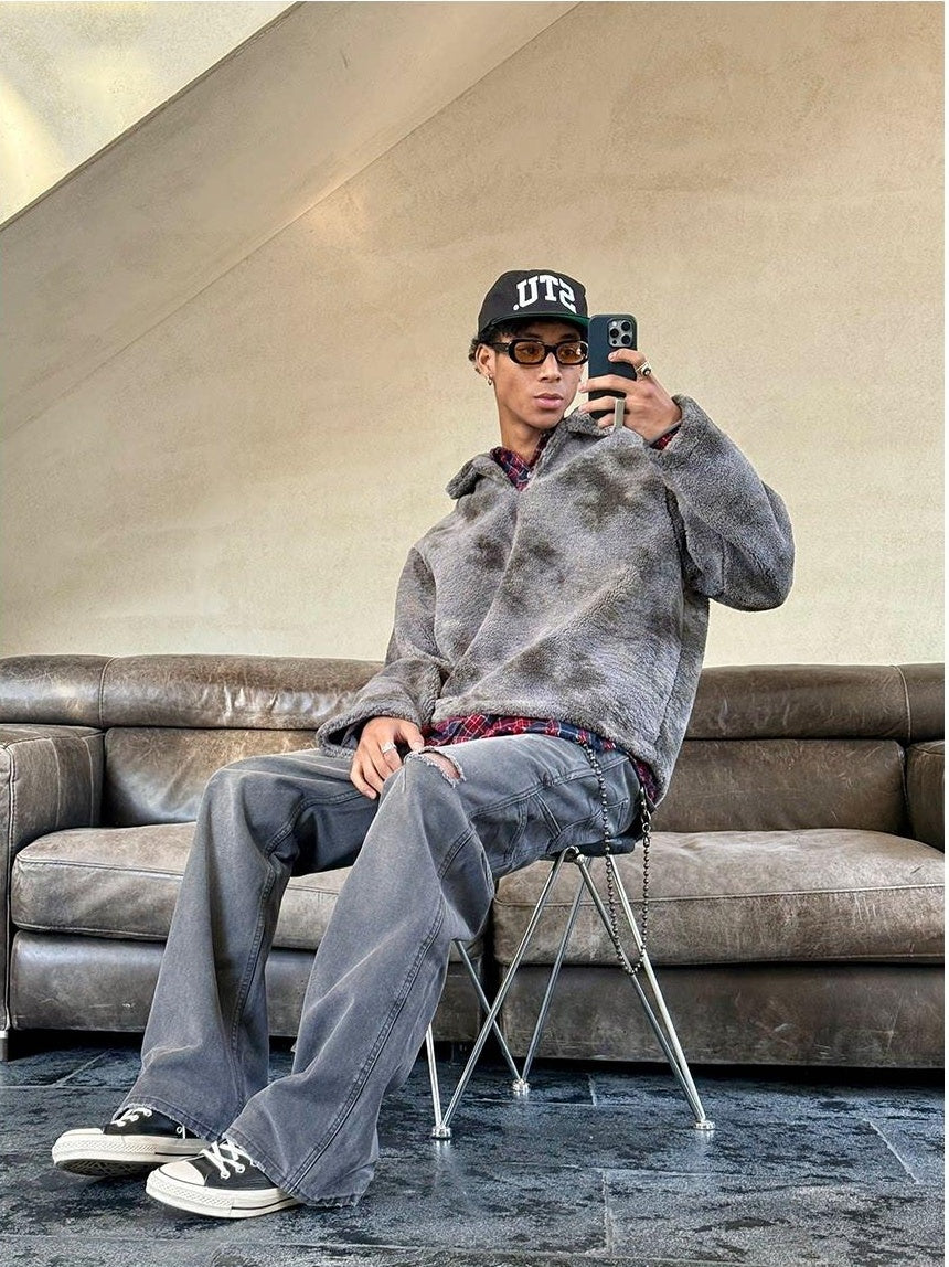 VLABMADE Warm Thick Terry Lined V-neck Washed Loose Fit Men Khaki Gray Sweatshirts