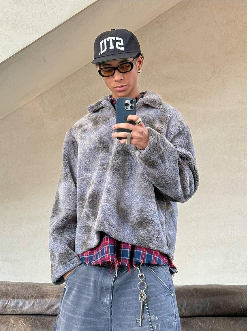 VLABMADE Warm Thick Terry Lined V-neck Washed Loose Fit Men Khaki Gray Sweatshirts