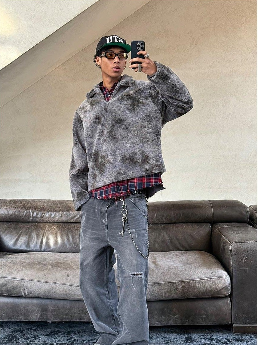 VLABMADE Warm Thick Terry Lined V-neck Washed Loose Fit Men Khaki Gray Sweatshirts