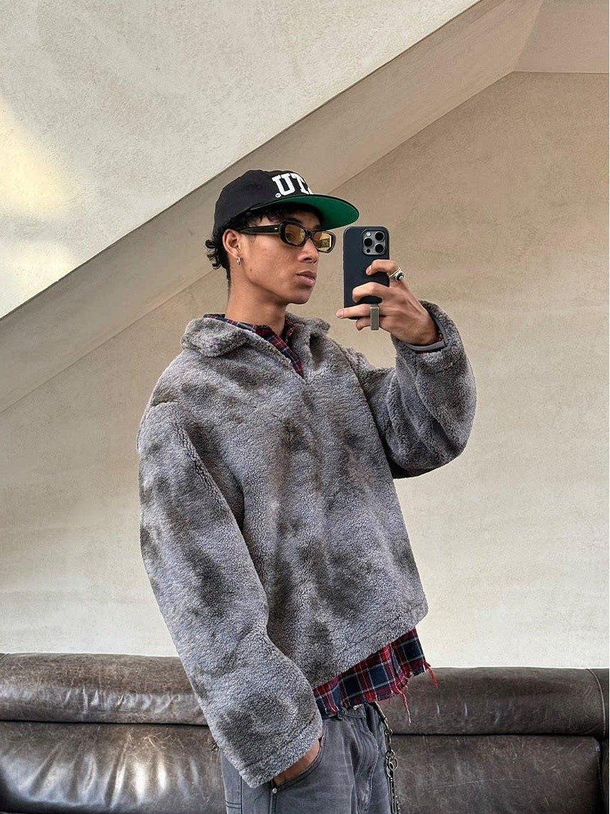 VLABMADE Warm Thick Terry Lined V-neck Washed Loose Fit Men Khaki Gray Sweatshirts