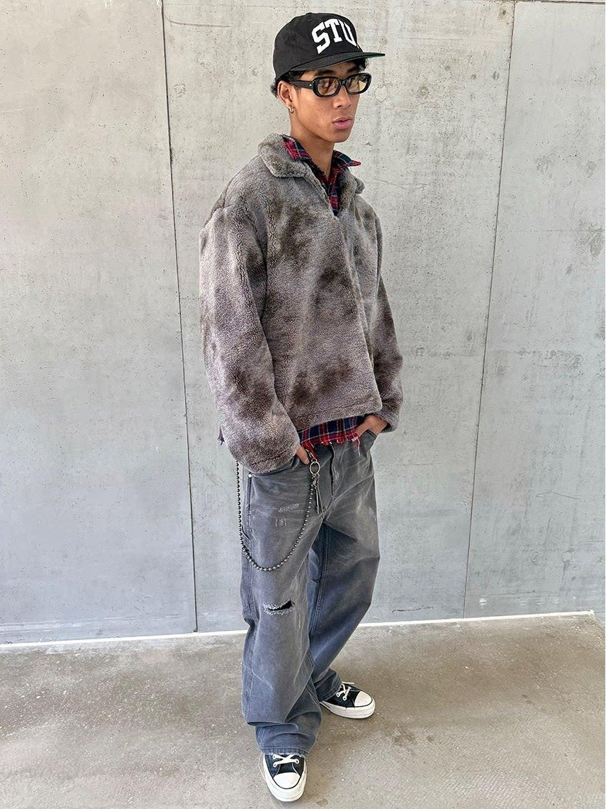 VLABMADE Warm Thick Terry Lined V-neck Washed Loose Fit Men Khaki Gray Sweatshirts