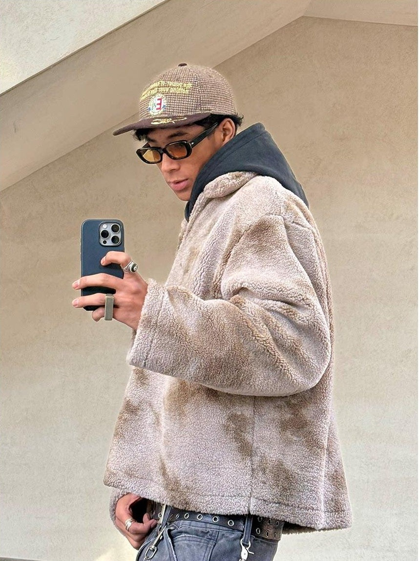 VLABMADE Warm Thick Terry Lined V-neck Washed Loose Fit Men Khaki Gray Sweatshirts