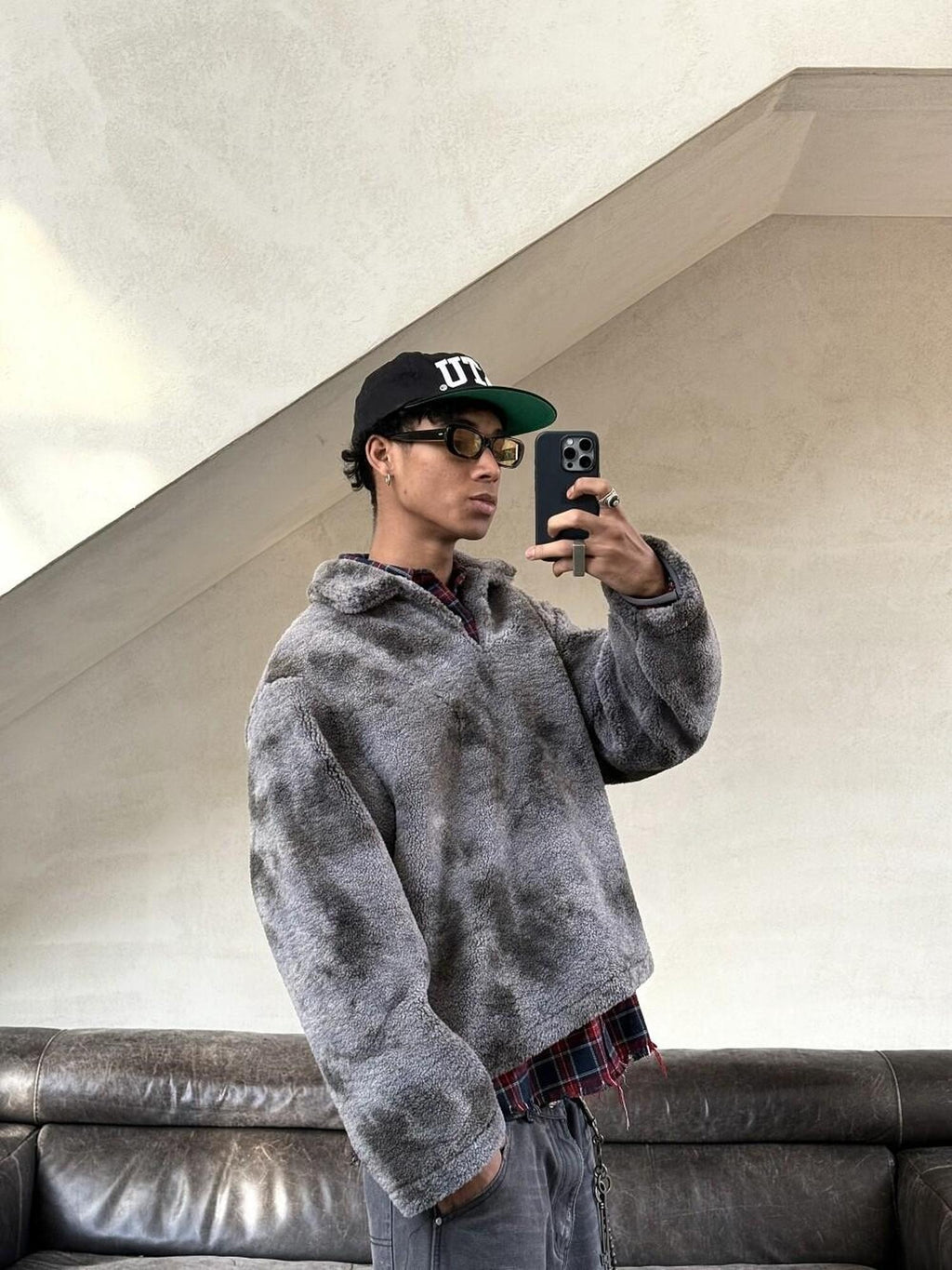 VLABMADE Warm Thick Terry Lined V-neck Washed Loose Fit Men Khaki Gray Sweatshirts