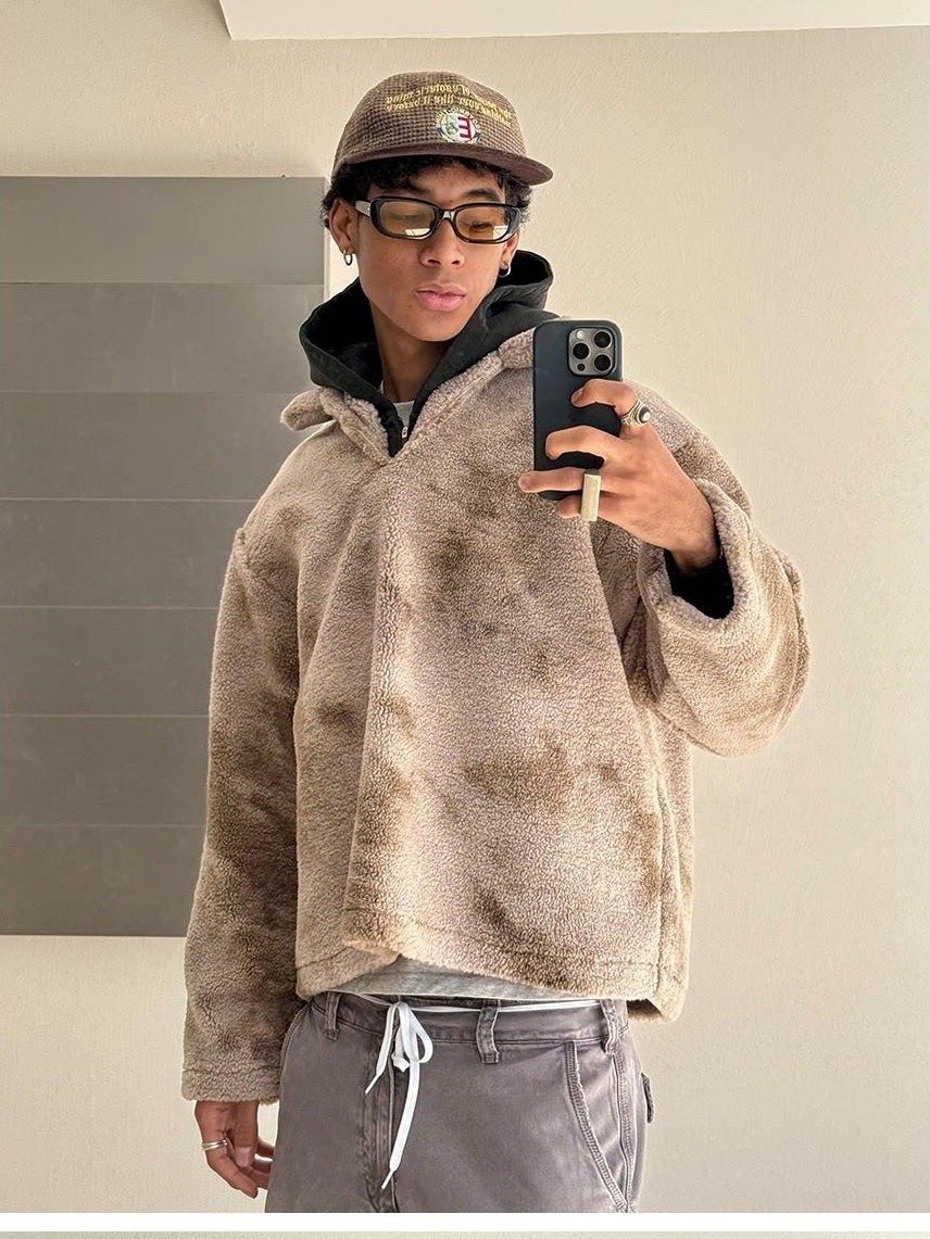 VLABMADE Warm Thick Terry Lined V-neck Washed Loose Fit Men Khaki Gray Sweatshirts