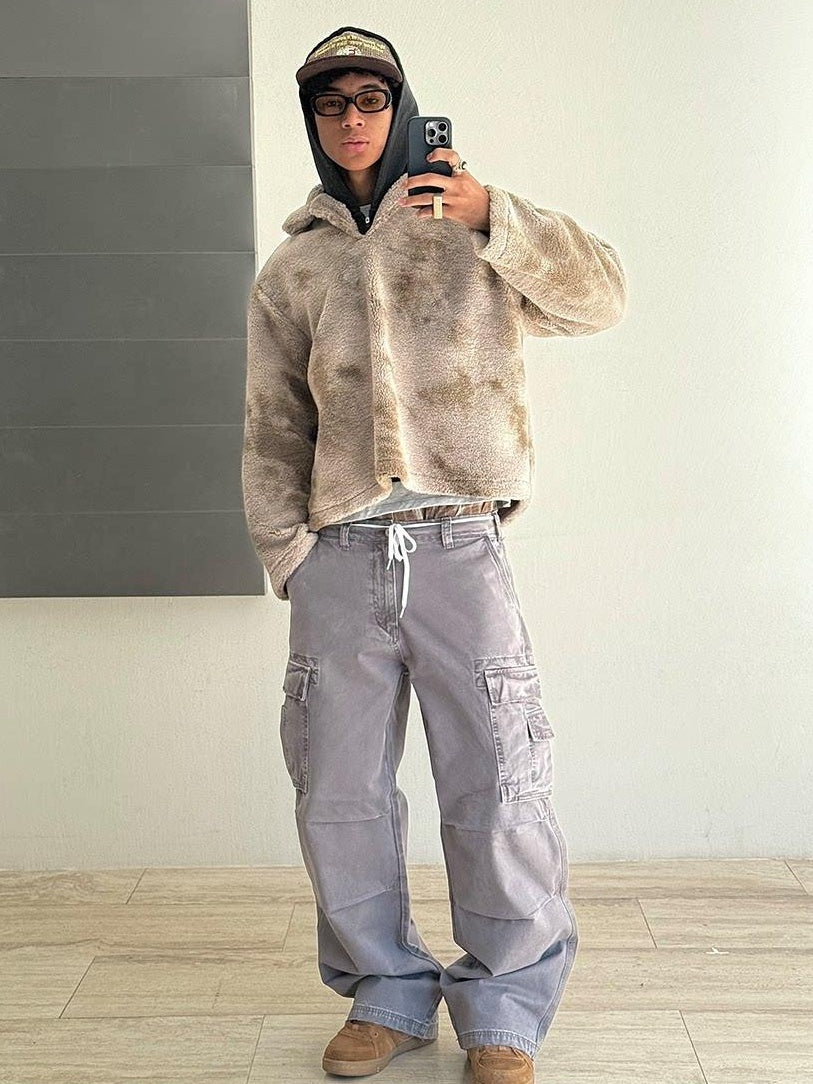 VLABMADE Warm Thick Terry Lined V-neck Washed Loose Fit Men Khaki Gray Sweatshirts