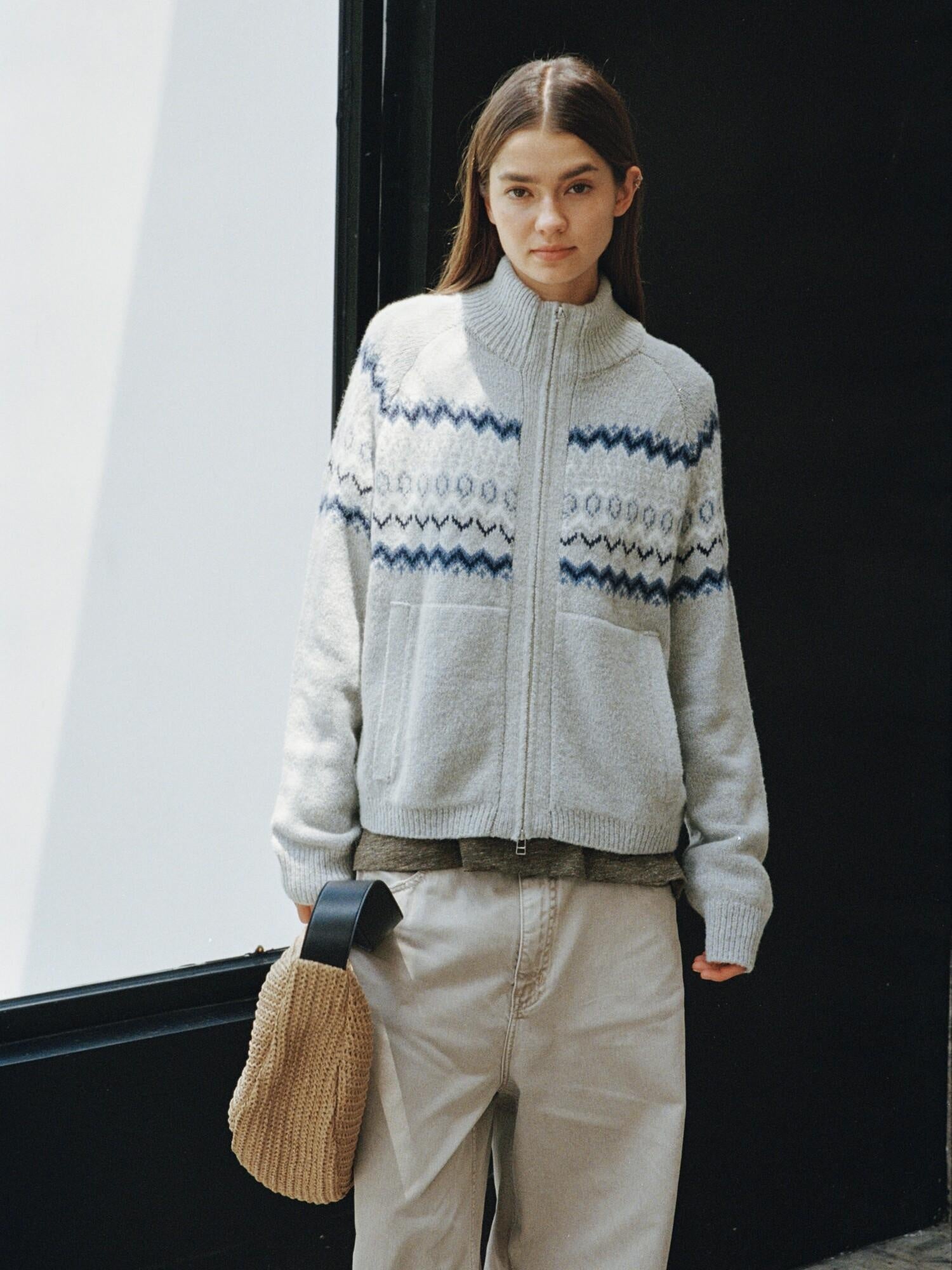 VLABMADE Warm Vintage Oversized Jacquard High Neck Unisex Street Citywalk Zip Knitwear
