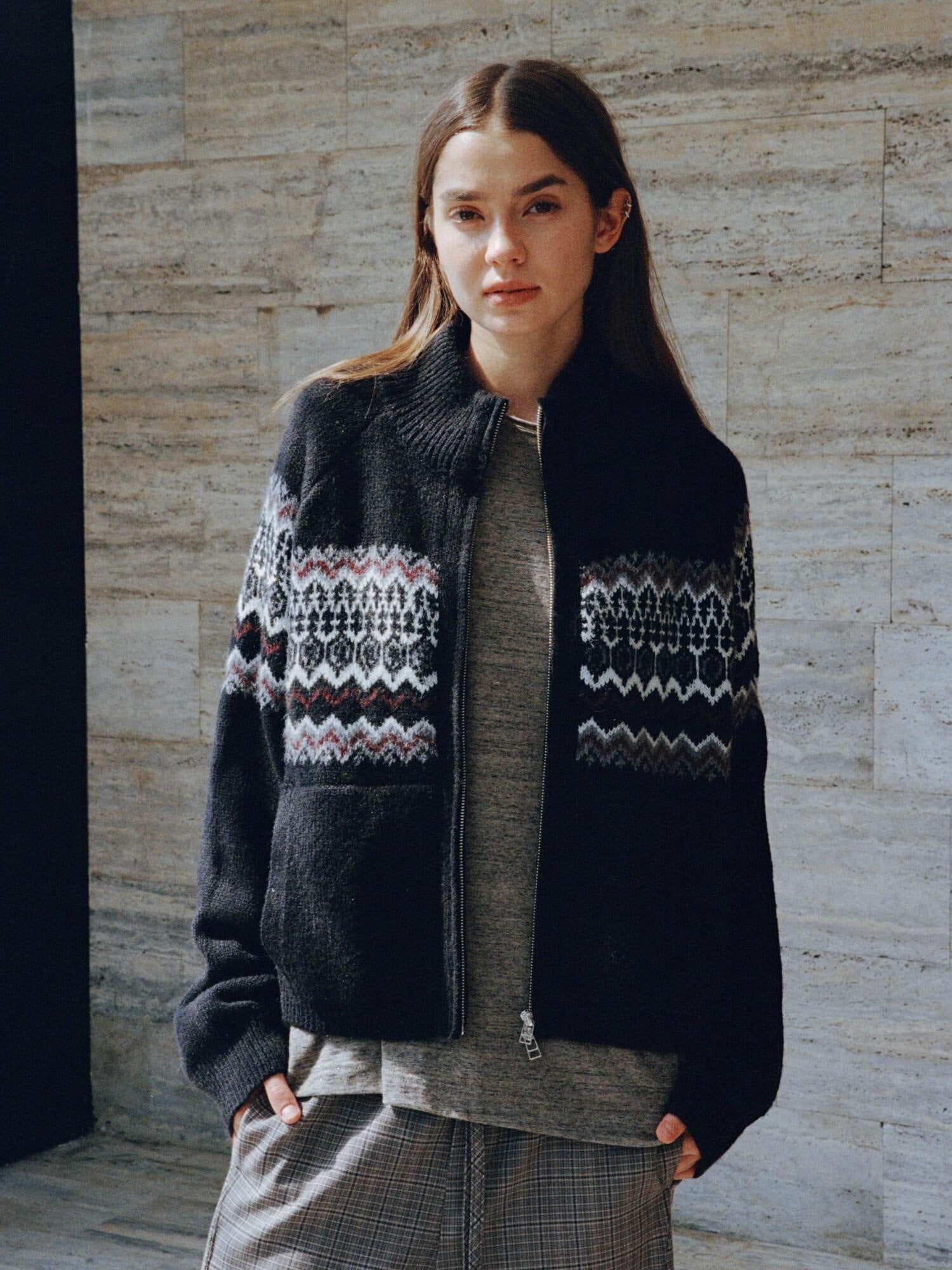 VLABMADE Warm Vintage Oversized Jacquard High Neck Unisex Street Citywalk Zip Knitwear