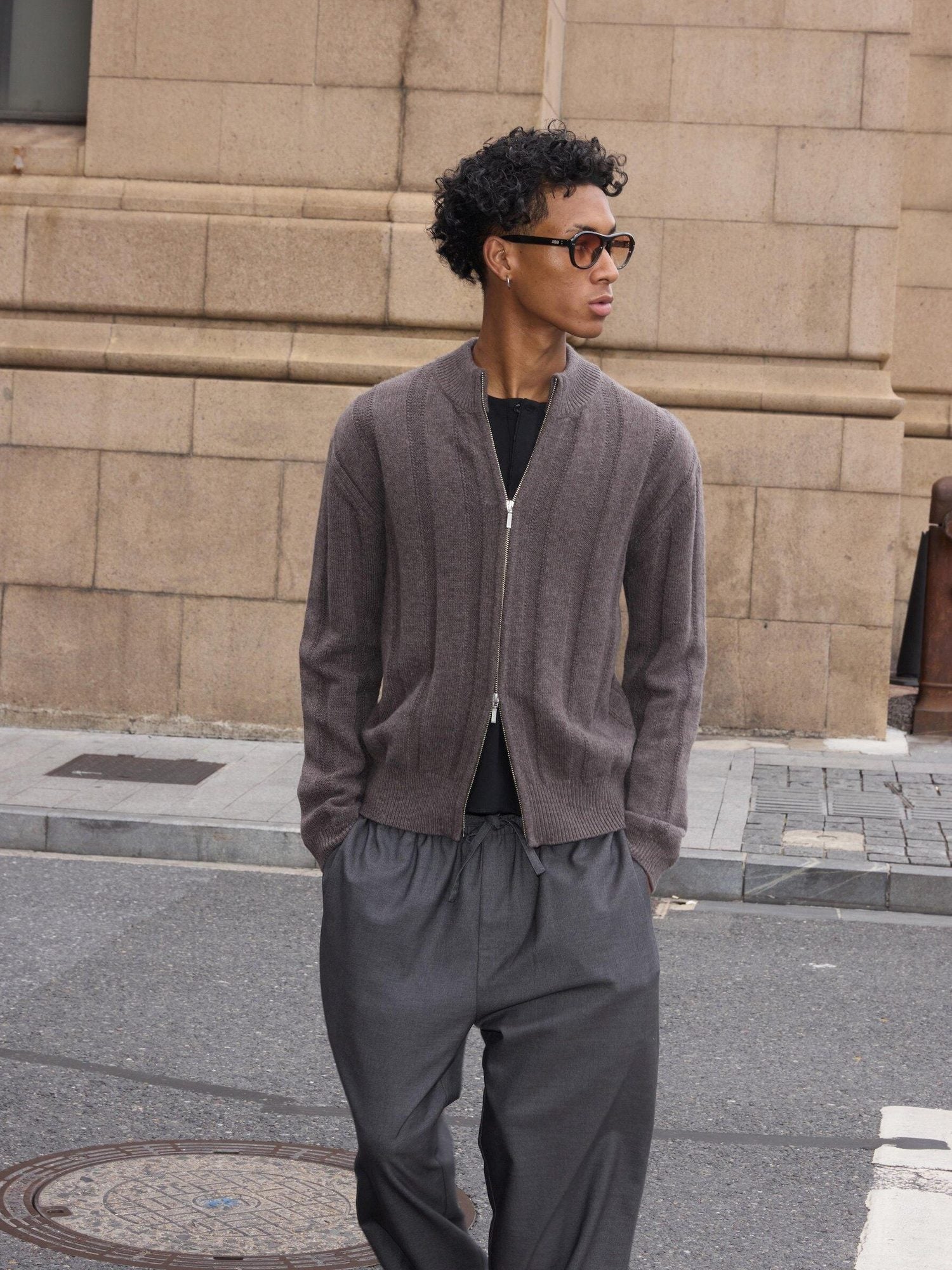 VLABMADE Warm Wool Blend Jacquard Stripe Cropped Relaxed Fit Unisex Citywalk Zip Knitwear
