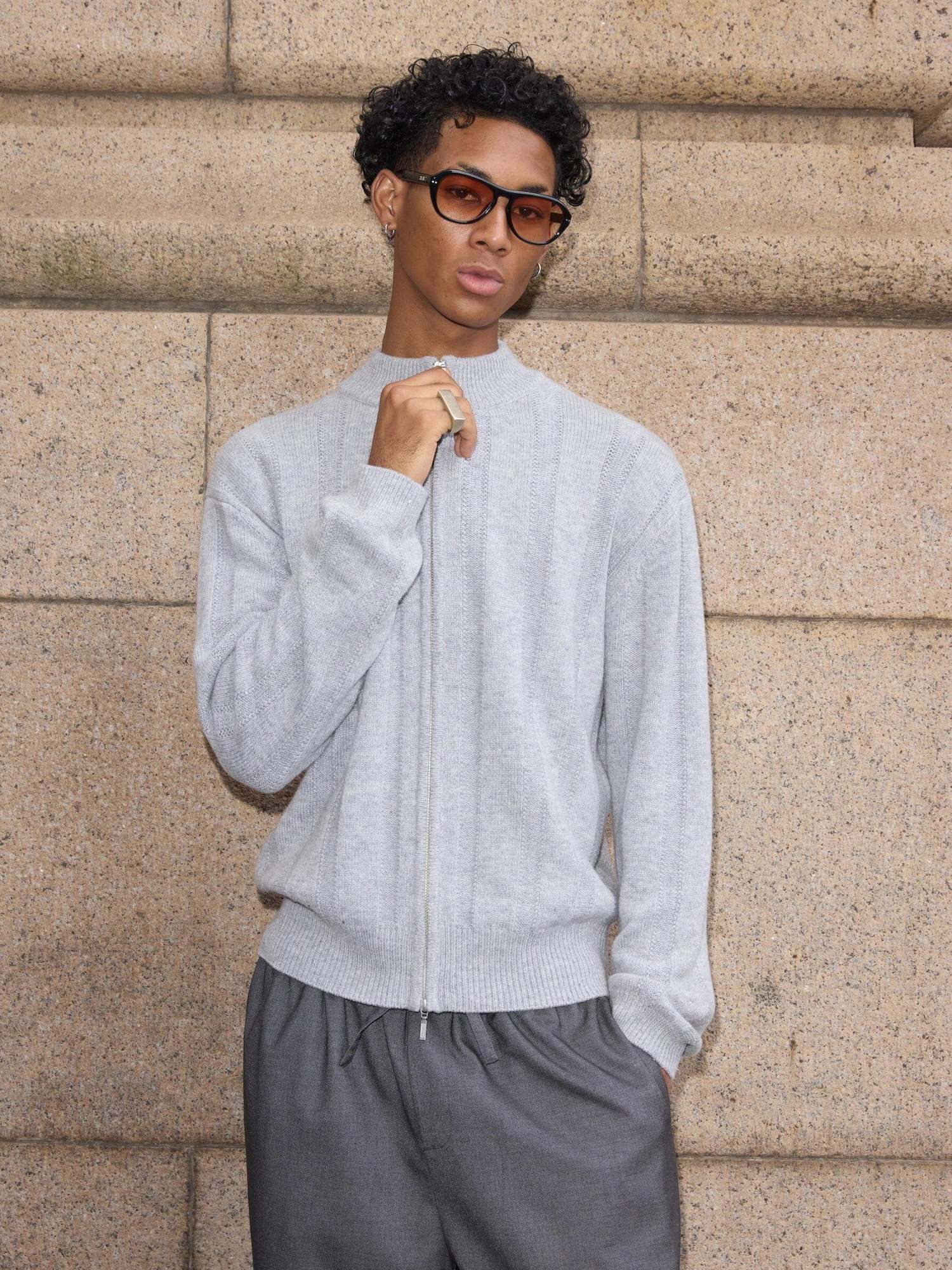 VLABMADE Warm Wool Blend Jacquard Stripe Cropped Relaxed Fit Unisex Citywalk Zip Knitwear