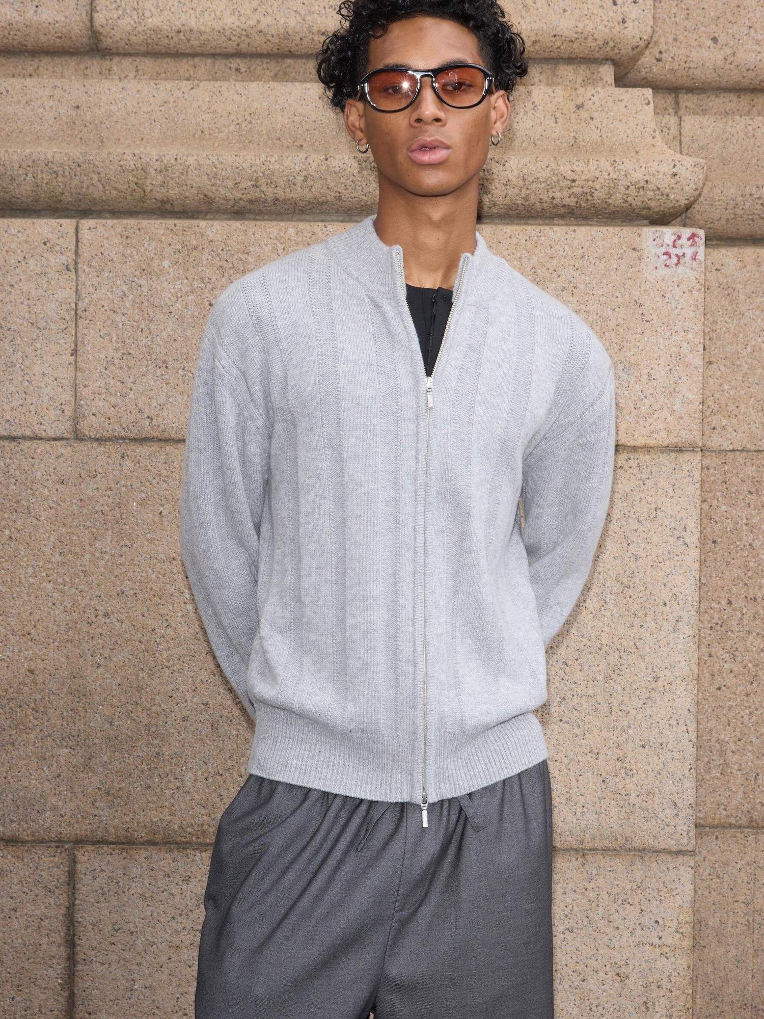 VLABMADE Warm Wool Blend Jacquard Stripe Cropped Relaxed Fit Unisex Citywalk Zip Knitwear