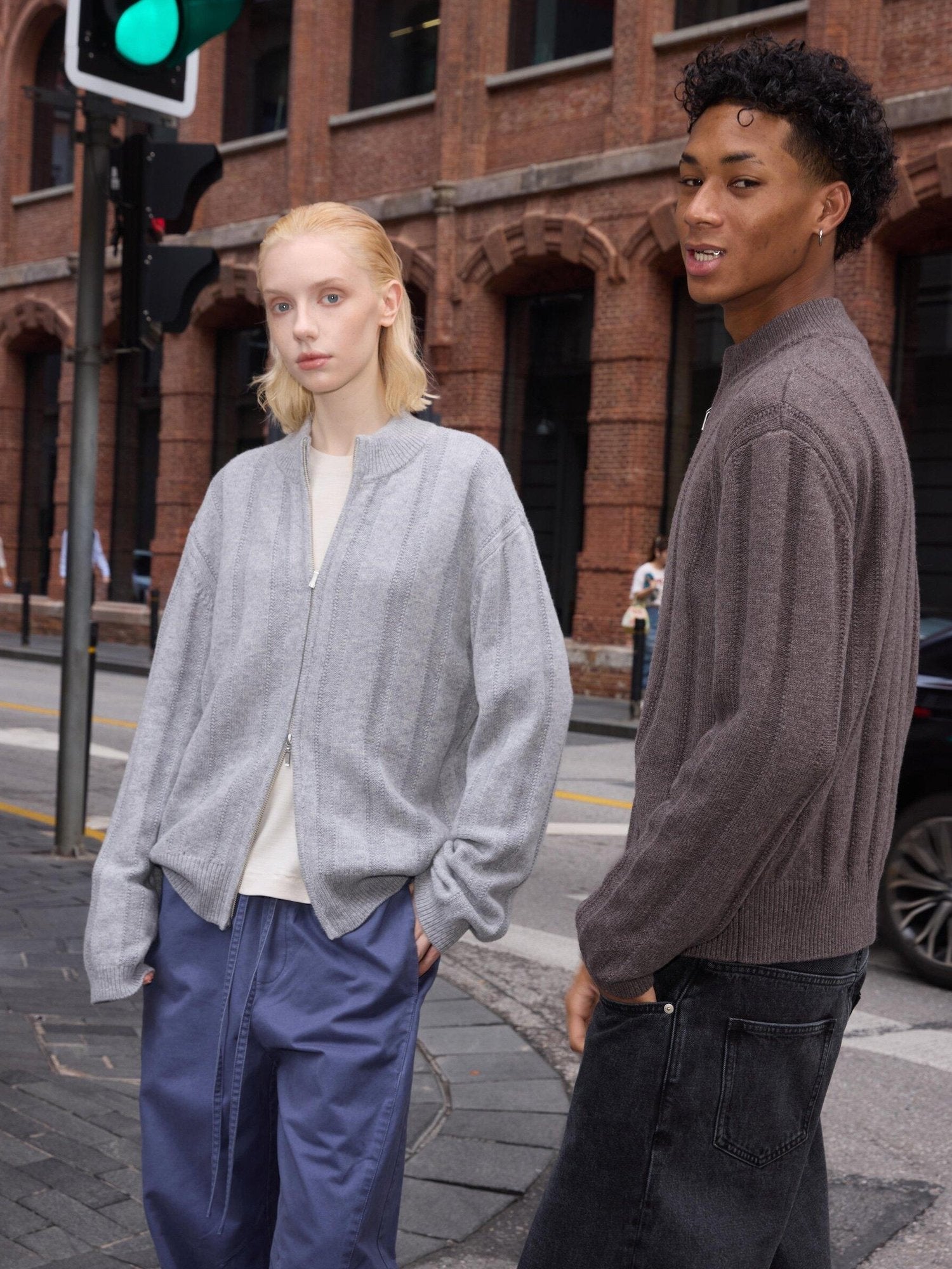 VLABMADE Warm Wool Blend Jacquard Stripe Cropped Relaxed Fit Unisex Citywalk Zip Knitwear