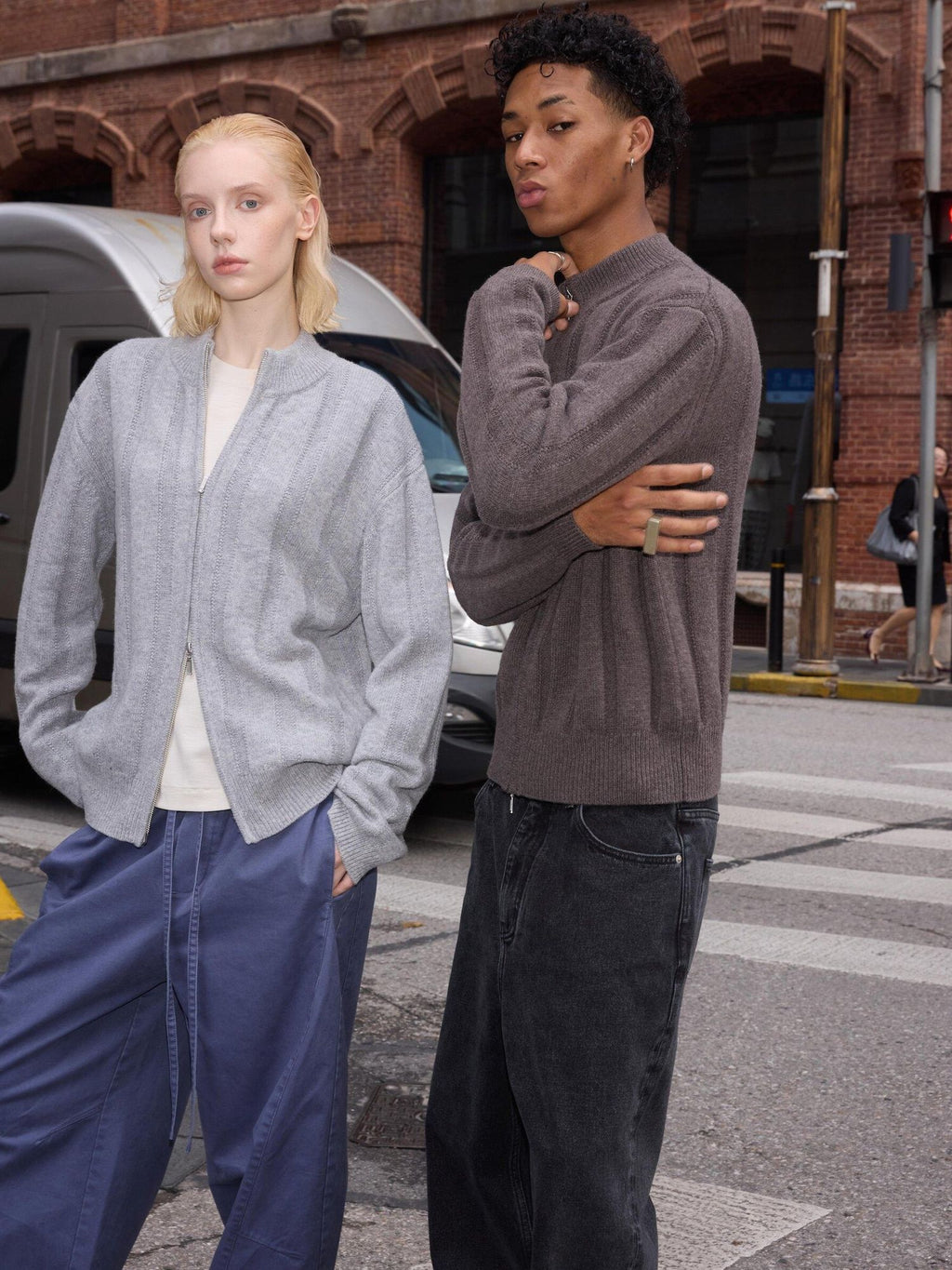 VLABMADE Warm Wool Blend Jacquard Stripe Cropped Relaxed Fit Unisex Citywalk Zip Knitwear