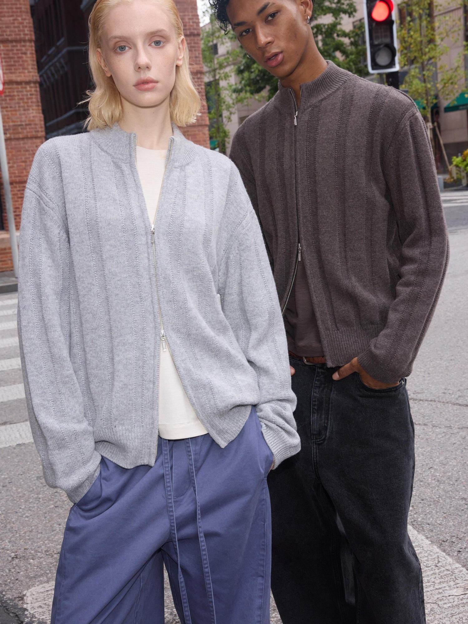 VLABMADE Warm Wool Blend Jacquard Stripe Cropped Relaxed Fit Unisex Citywalk Zip Knitwear