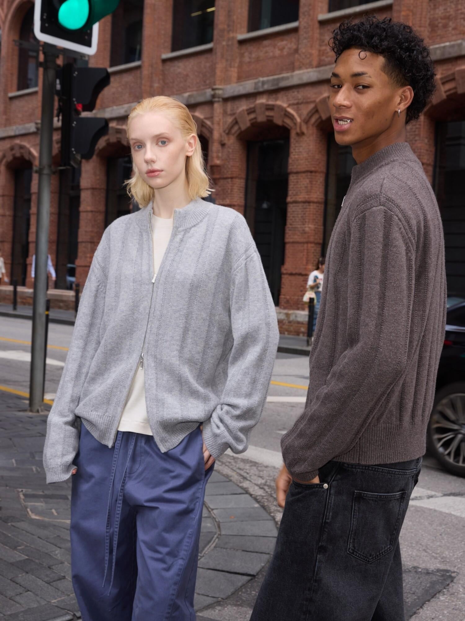 VLABMADE Warm Wool Blend Jacquard Stripe Cropped Relaxed Fit Unisex Citywalk Zip Knitwear