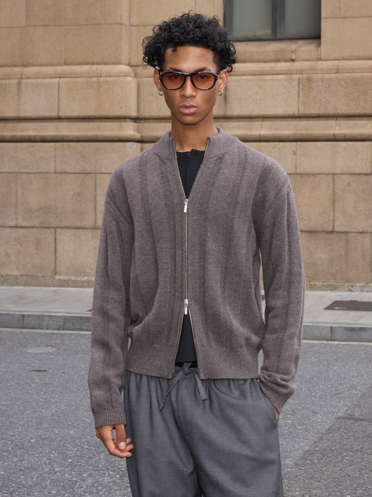 VLABMADE Warm Wool Blend Jacquard Stripe Cropped Relaxed Fit Unisex Citywalk Zip Knitwear