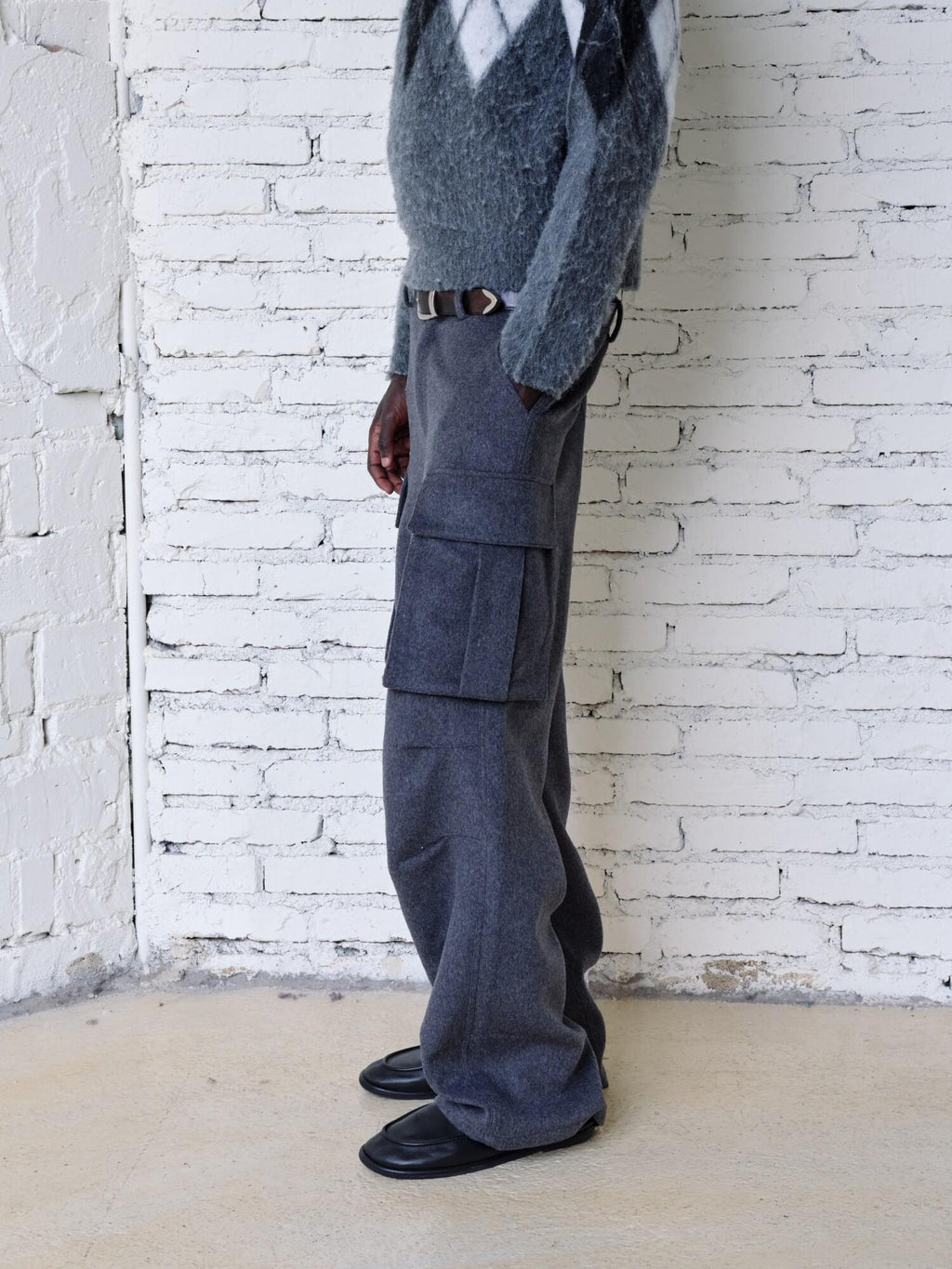 VLABMADE Warm Wool Blend Mid Waist Pleated Pockets Unisex Deep Gray Wide Cargo Pants