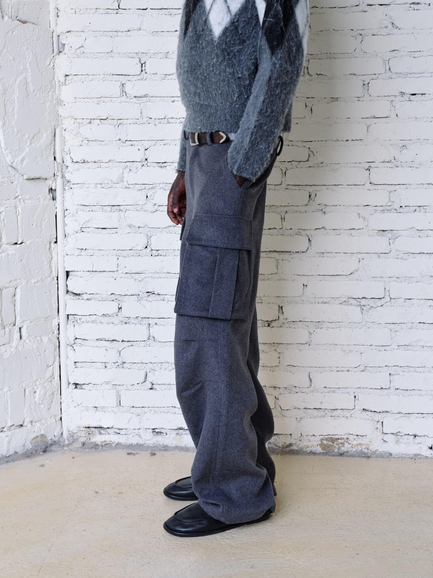 VLABMADE Warm Wool Blend Mid Waist Pleated Pockets Unisex Deep Gray Wide Cargo Pants