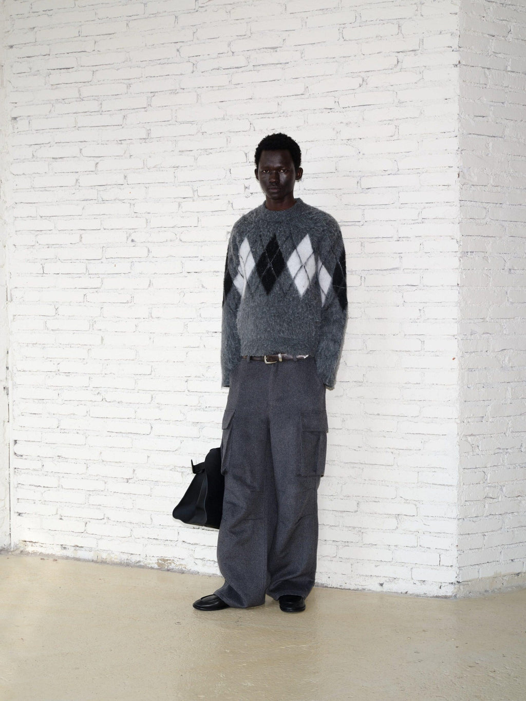 VLABMADE Warm Wool Blend Mid Waist Pleated Pockets Unisex Deep Gray Wide Cargo Pants