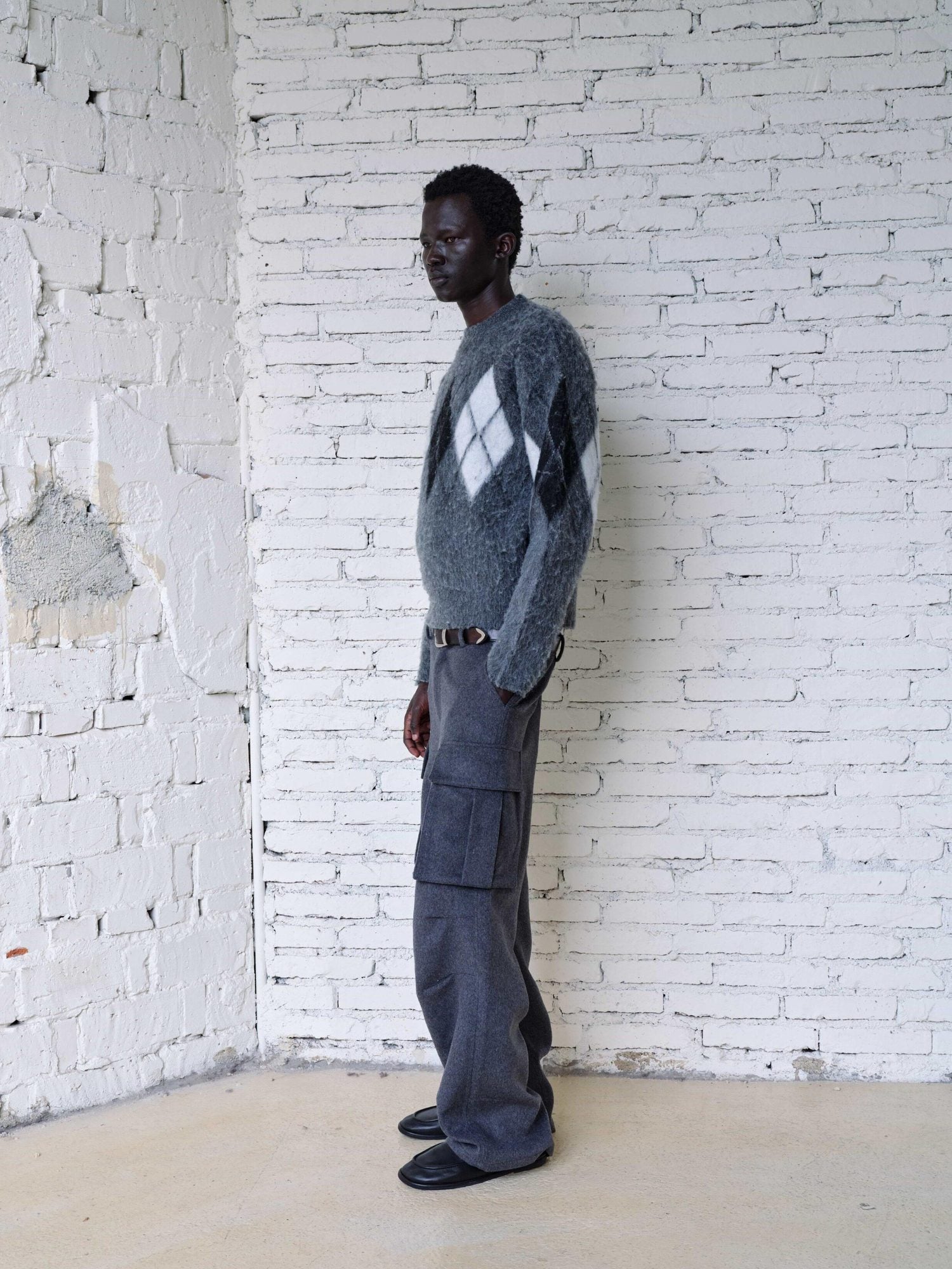 VLABMADE Warm Wool Blend Mid Waist Pleated Pockets Unisex Deep Gray Wide Cargo Pants