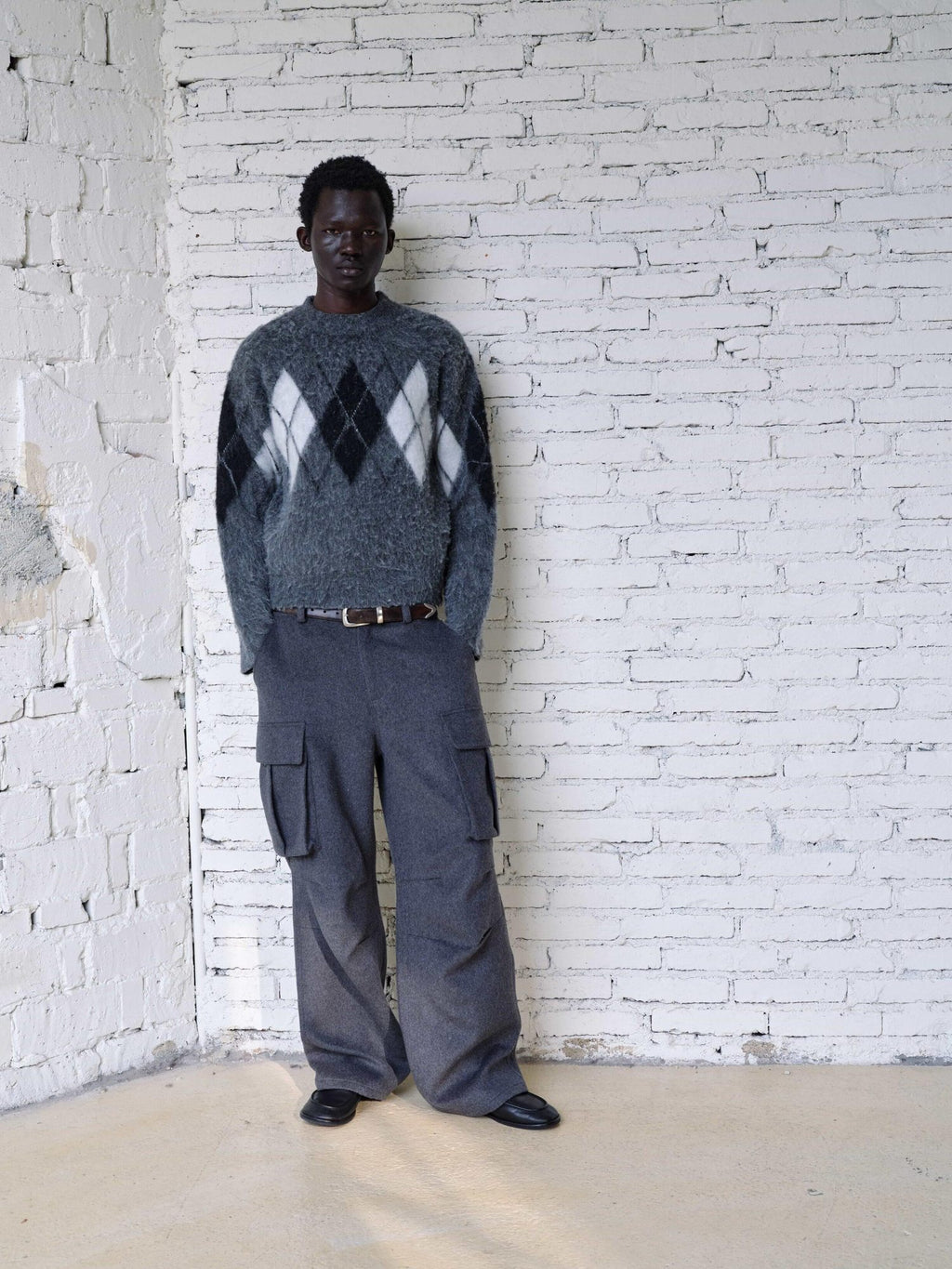 VLABMADE Warm Wool Blend Mid Waist Pleated Pockets Unisex Deep Gray Wide Cargo Pants