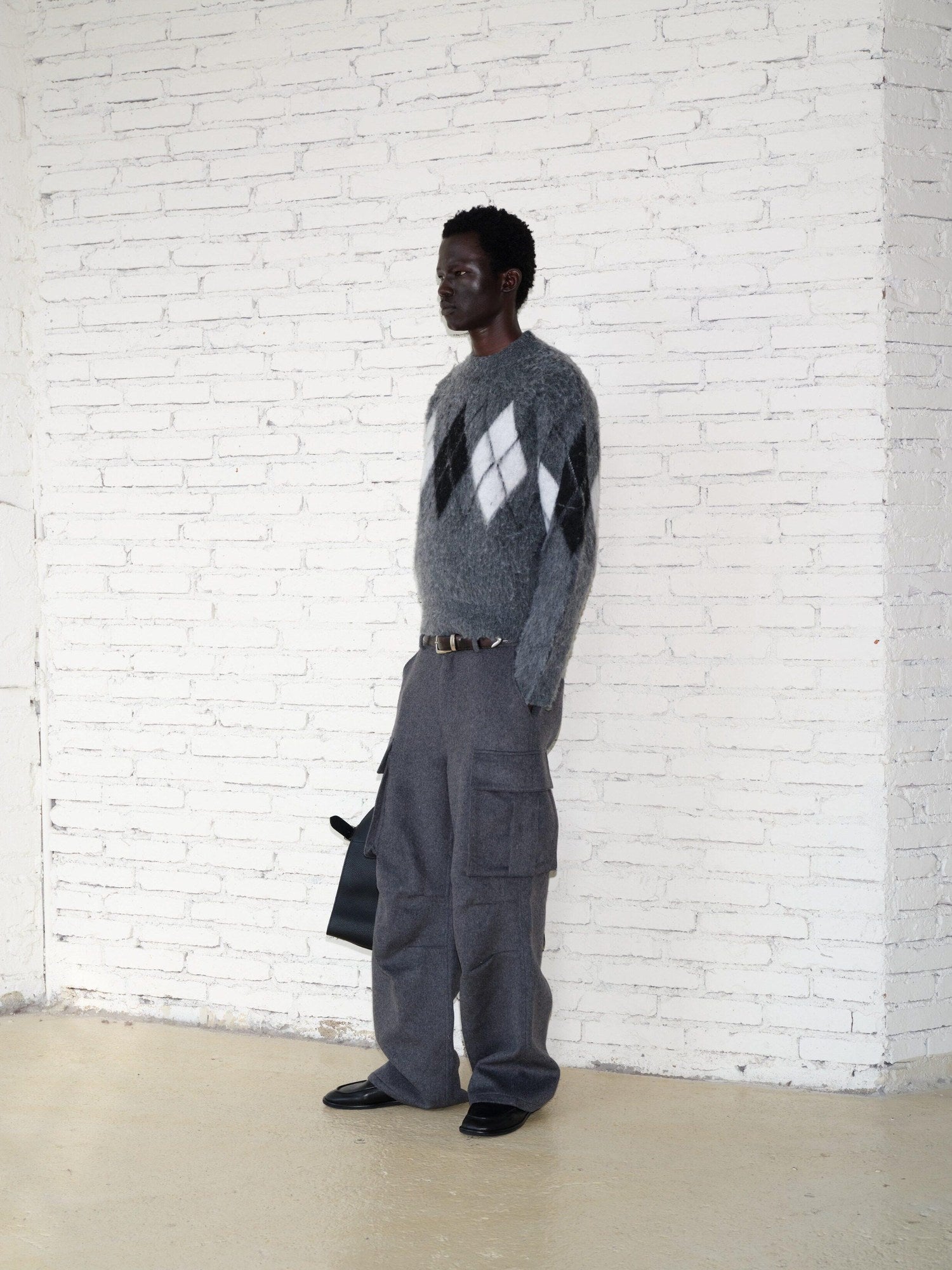 VLABMADE Warm Wool Blend Mid Waist Pleated Pockets Unisex Deep Gray Wide Cargo Pants