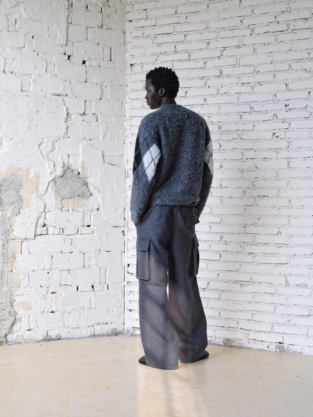VLABMADE Warm Wool Blend Mid Waist Pleated Pockets Unisex Deep Gray Wide Cargo Pants