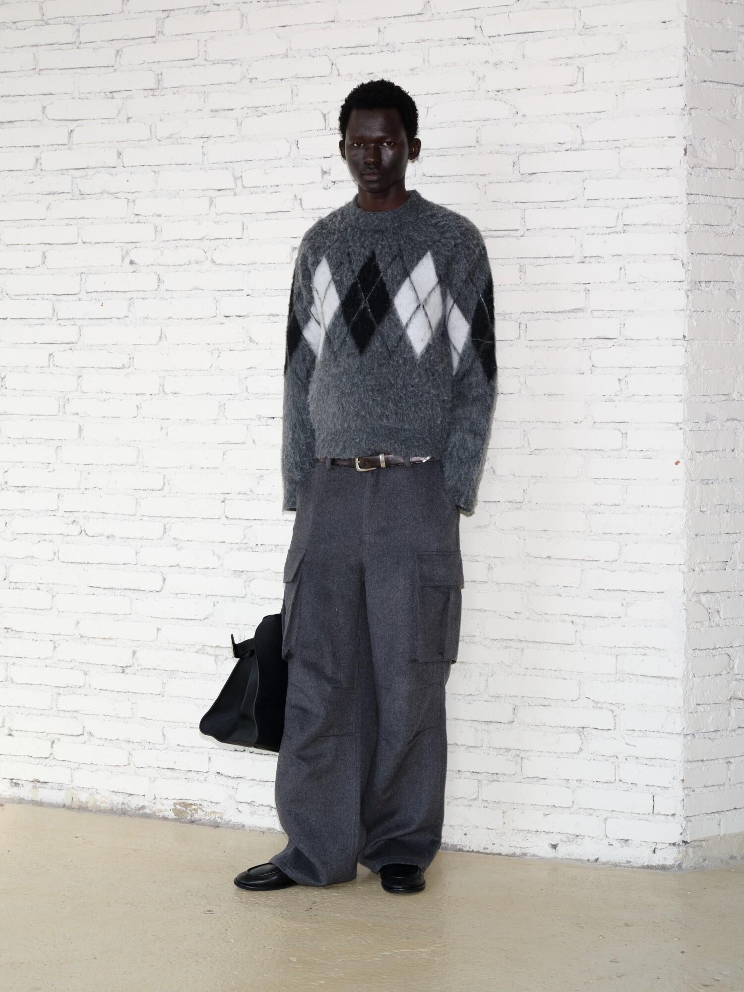 VLABMADE Warm Wool Blend Mid Waist Pleated Pockets Unisex Deep Gray Wide Cargo Pants