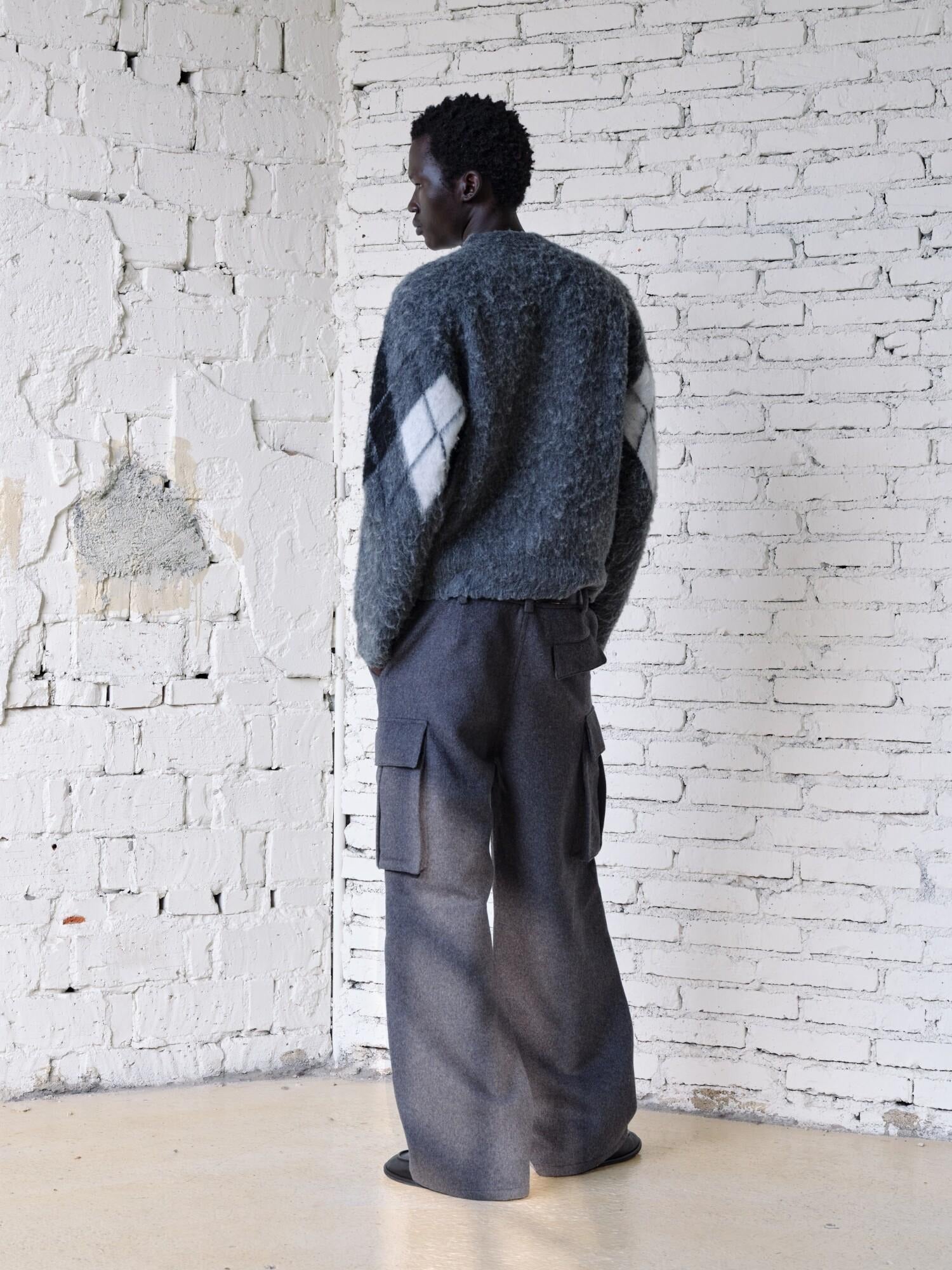 VLABMADE Warm Wool Blend Mid Waist Pleated Pockets Unisex Deep Gray Wide Cargo Pants