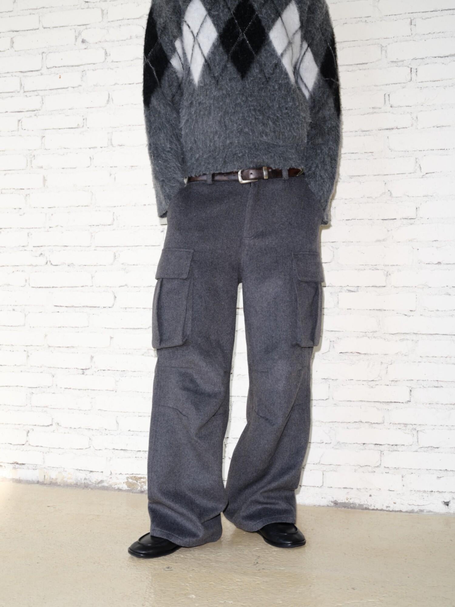 VLABMADE Warm Wool Blend Mid Waist Pleated Pockets Unisex Deep Gray Wide Cargo Pants