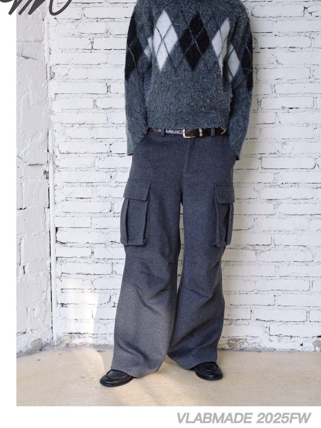VLABMADE Warm Wool Blend Mid Waist Pleated Pockets Unisex Deep Gray Wide Cargo Pants