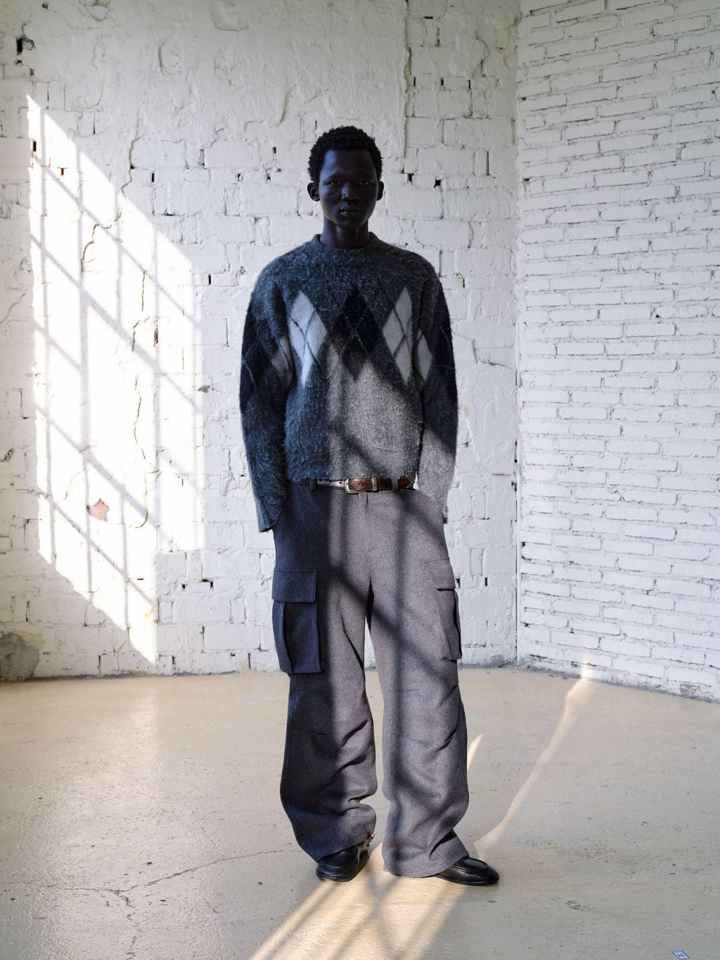 VLABMADE Warm Wool Blend Mid Waist Pleated Pockets Unisex Deep Gray Wide Cargo Pants