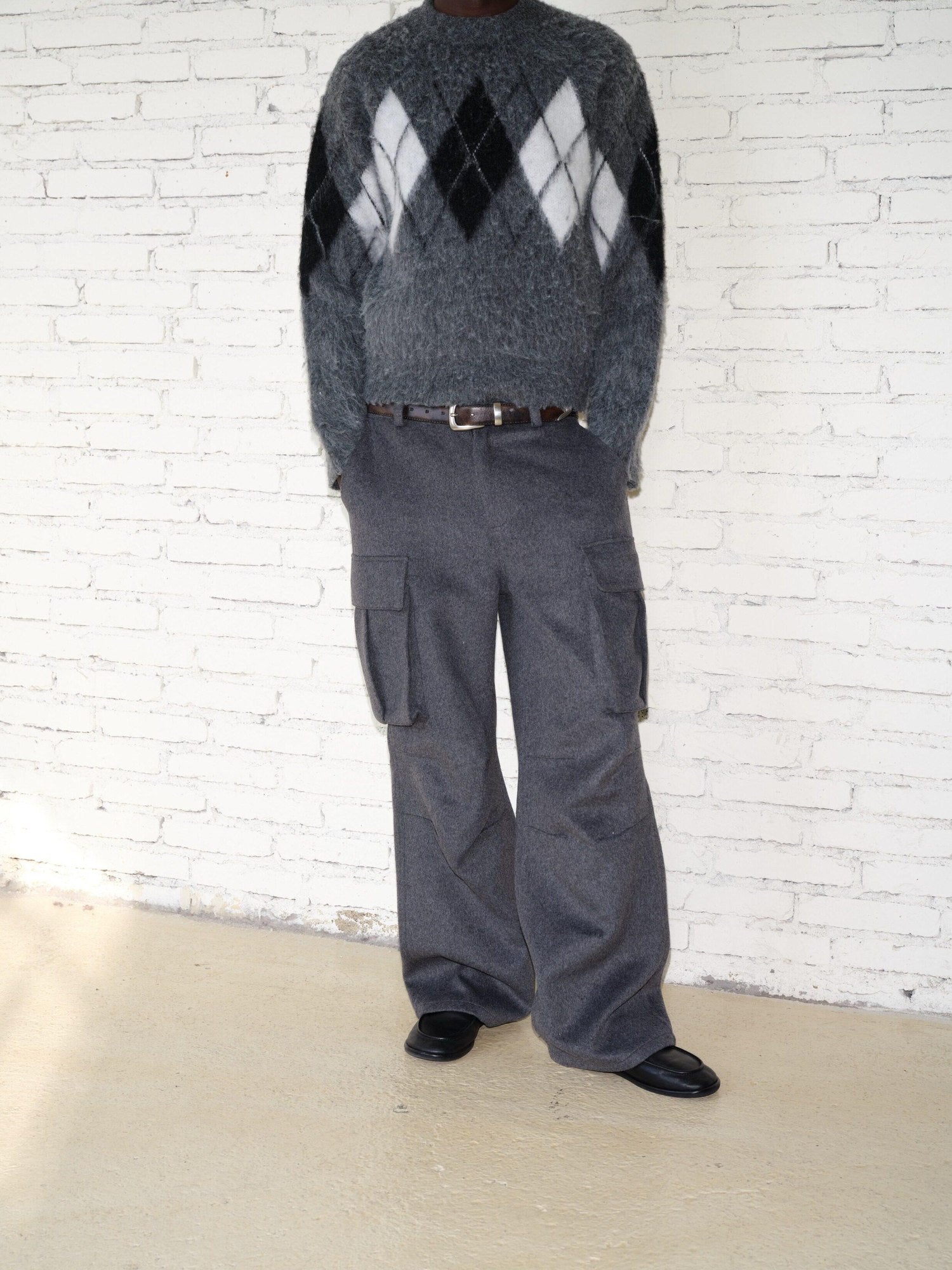 VLABMADE Warm Wool Blend Mid Waist Pleated Pockets Unisex Deep Gray Wide Cargo Pants