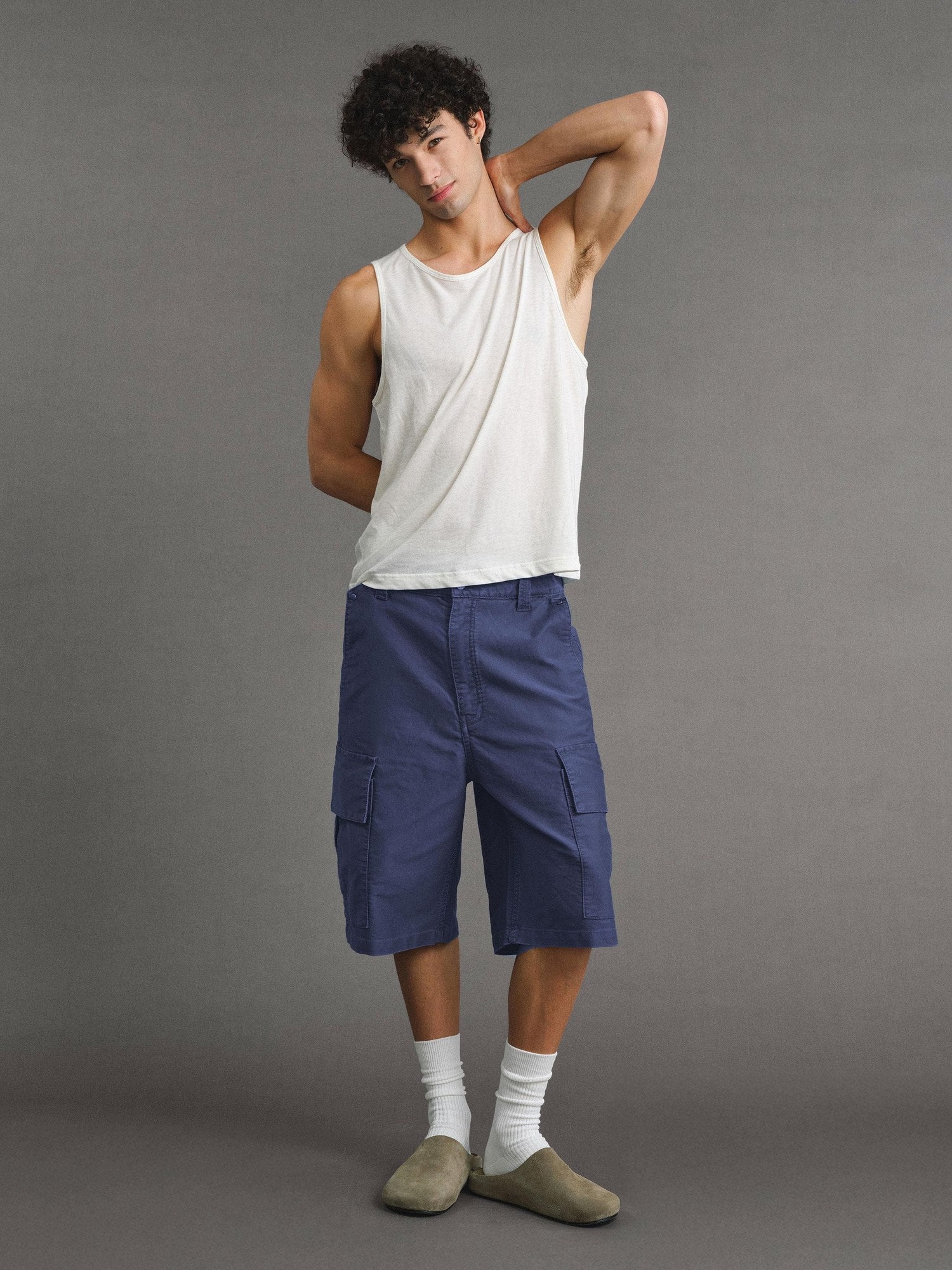 VLABMADE Washed Cotton Loose Fit Solid Pockets Mid Rise Unisex Black Blue Cargo Shorts
