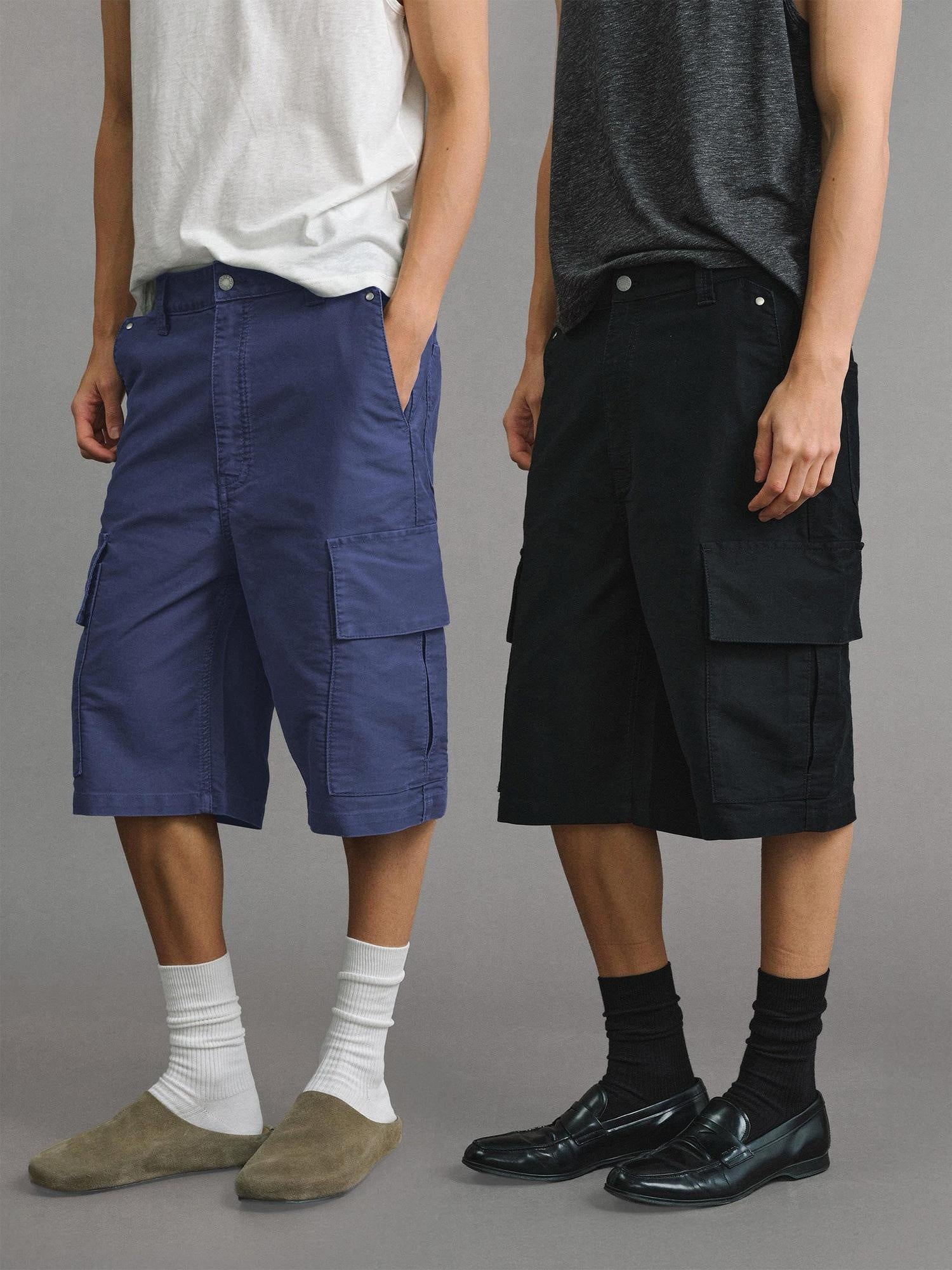 VLABMADE Washed Cotton Loose Fit Solid Pockets Mid Rise Unisex Black Blue Cargo Shorts