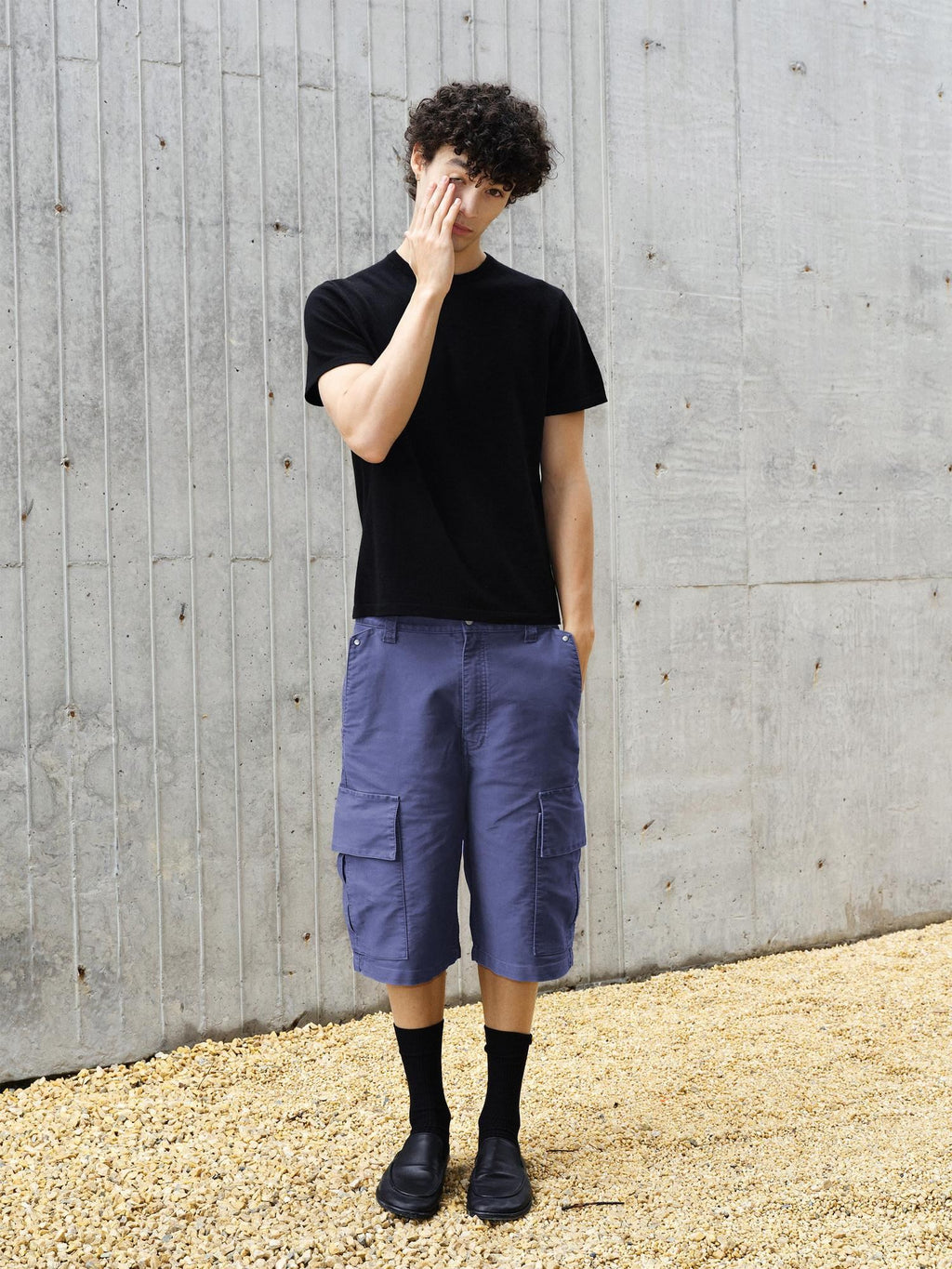 VLABMADE Washed Cotton Loose Fit Solid Pockets Mid Rise Unisex Black Blue Cargo Shorts