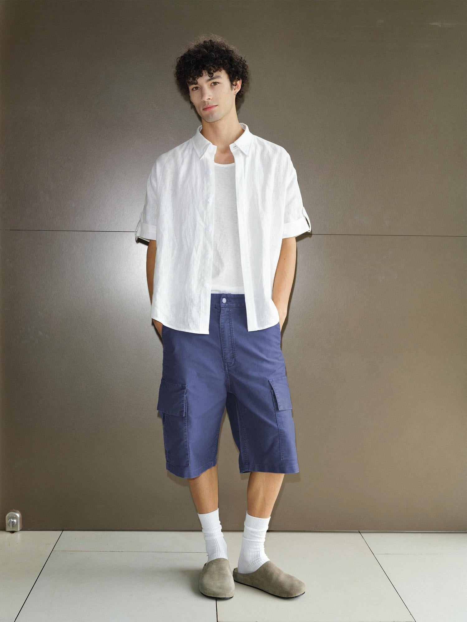 VLABMADE Washed Cotton Loose Fit Solid Pockets Mid Rise Unisex Black Blue Cargo Shorts