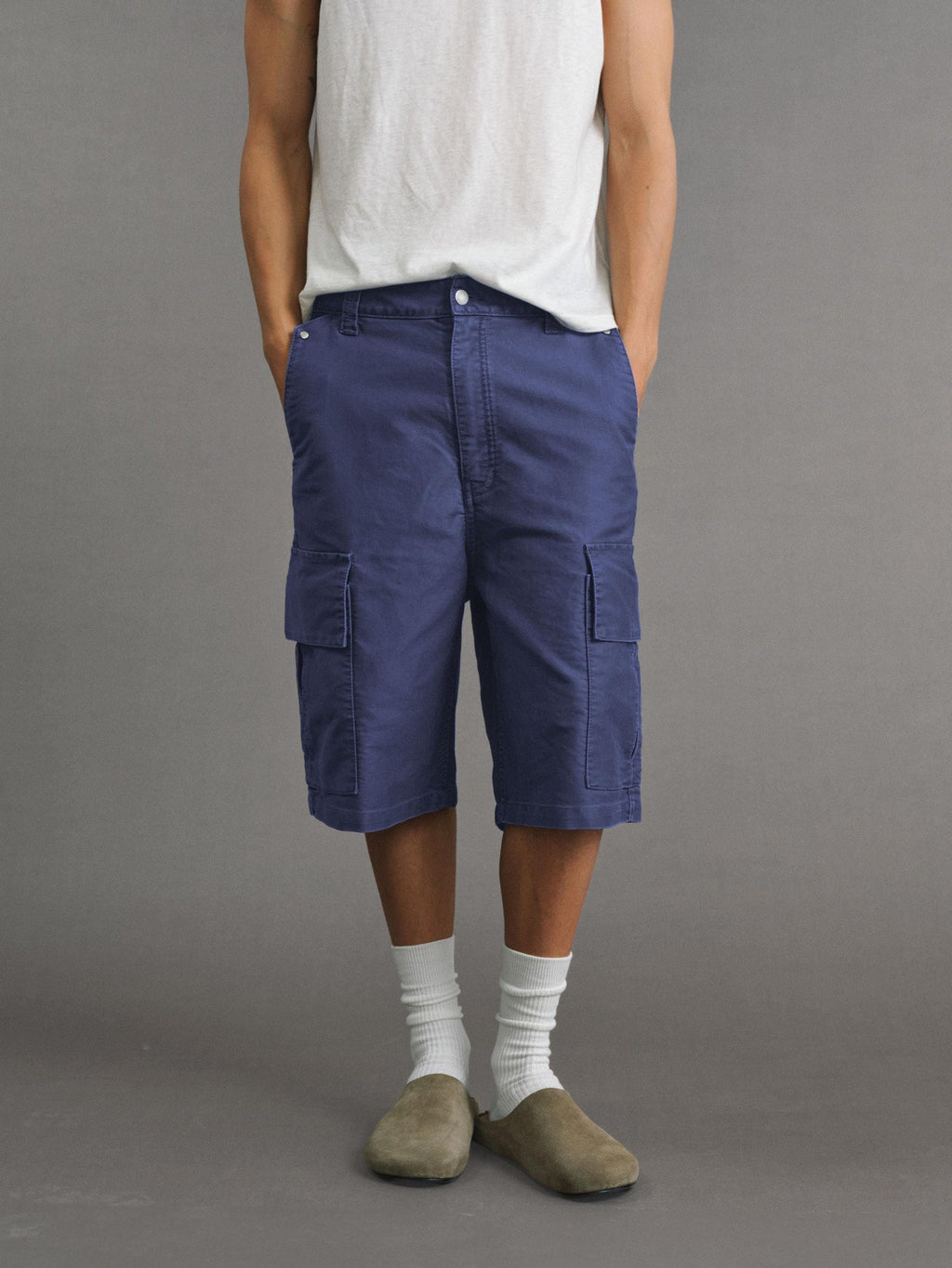 VLABMADE Washed Cotton Loose Fit Solid Pockets Mid Rise Unisex Black Blue Cargo Shorts