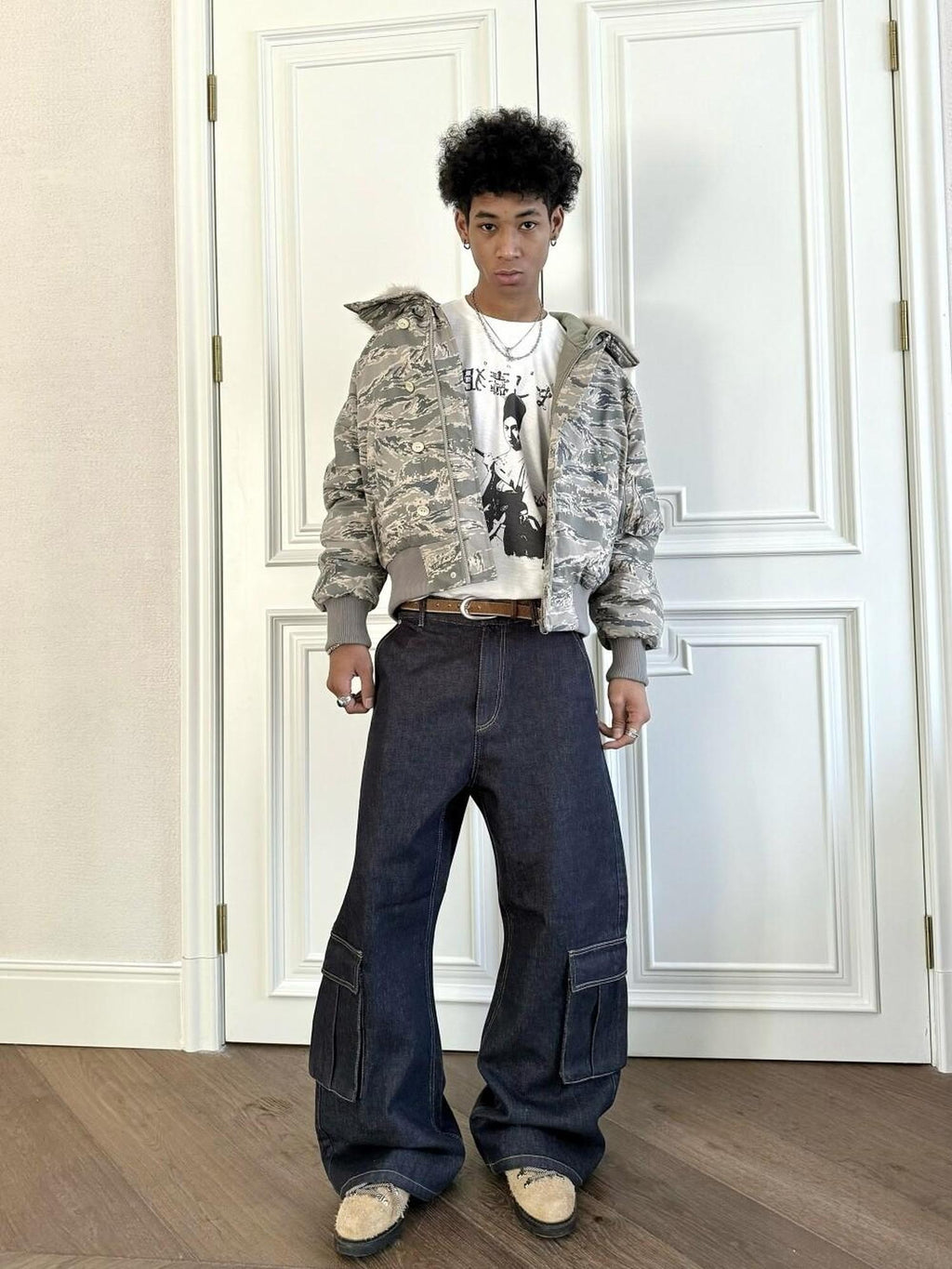 VLABMADE Washed Denim Mid Rise Flare Pockets Breathable Vintage Blue Wide Cargo Pants