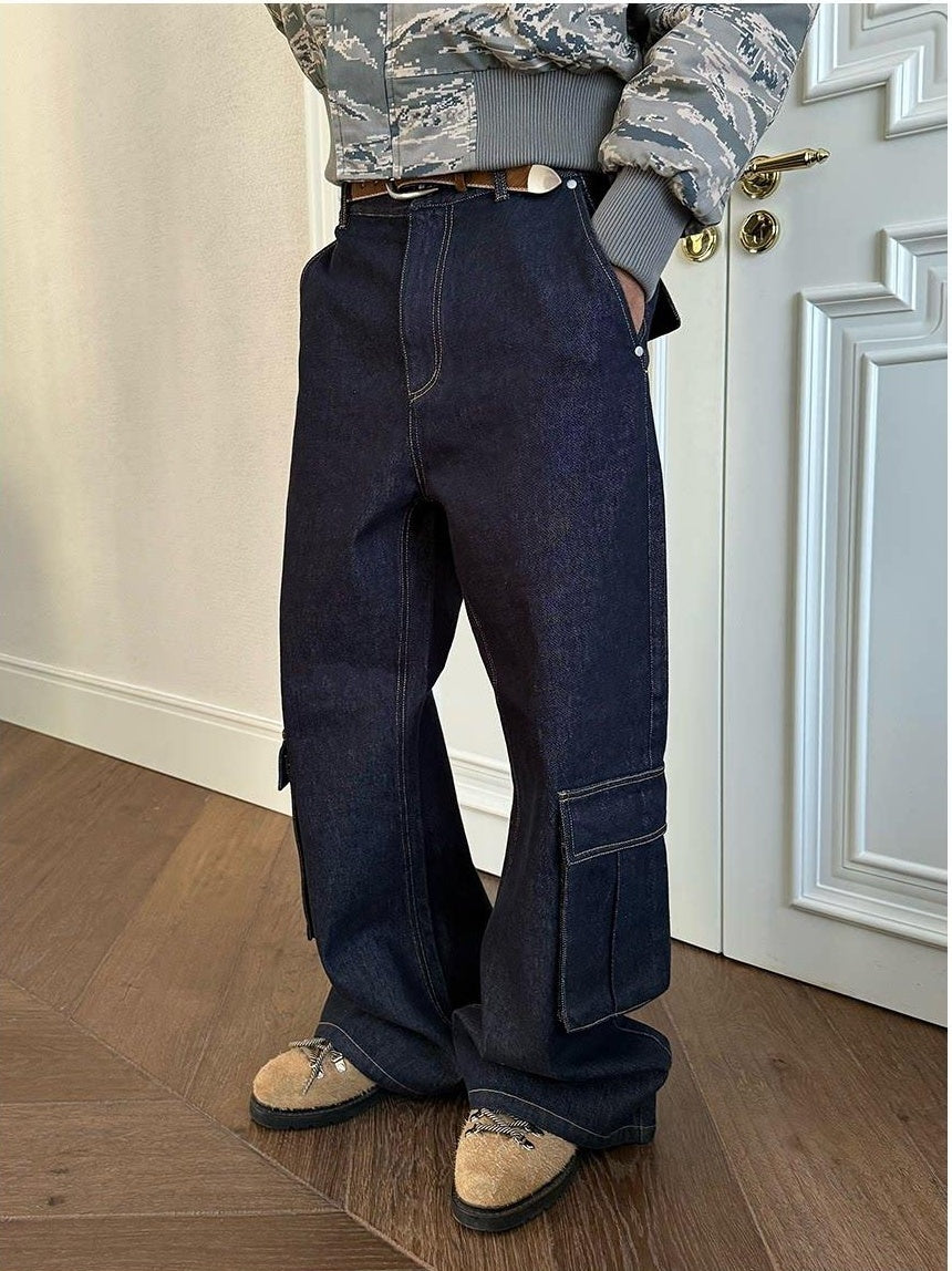 VLABMADE Washed Denim Mid Rise Flare Pockets Breathable Vintage Blue Wide Cargo Pants