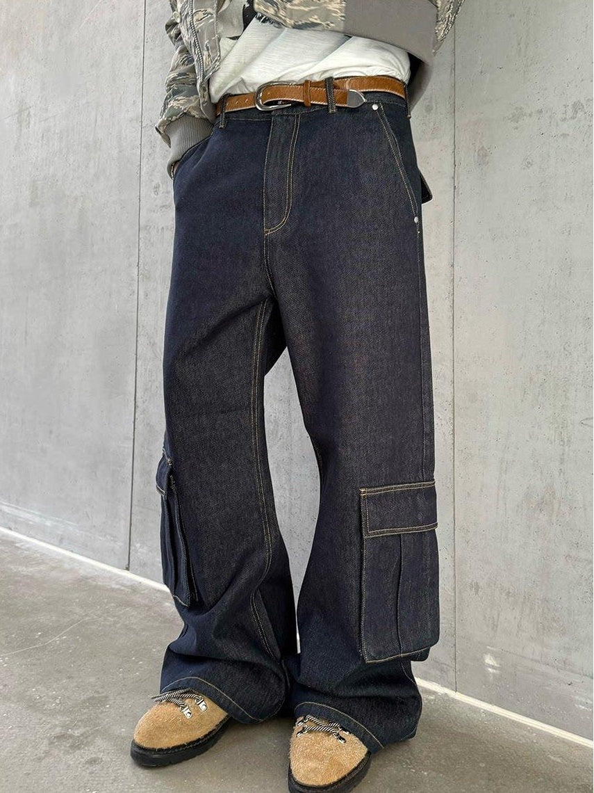 VLABMADE Washed Denim Mid Rise Flare Pockets Breathable Vintage Blue Wide Cargo Pants