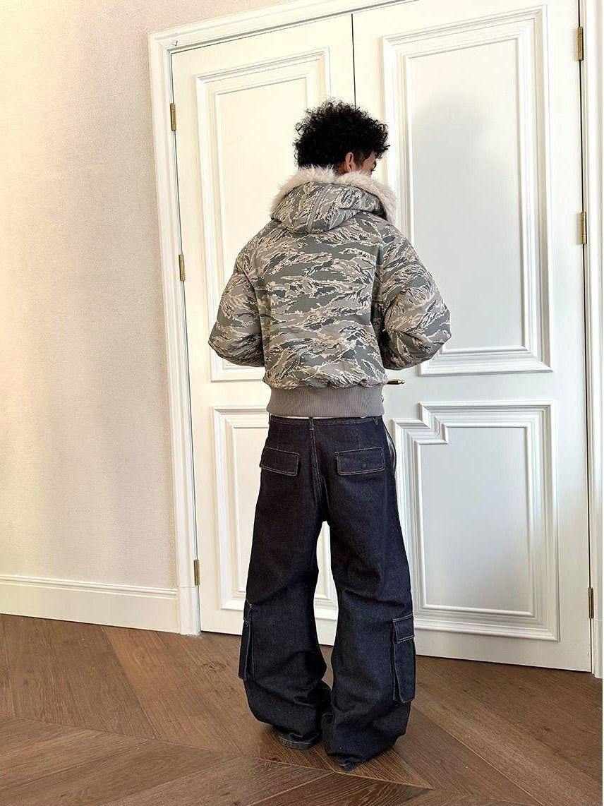 VLABMADE Washed Denim Mid Rise Flare Pockets Breathable Vintage Blue Wide Cargo Pants