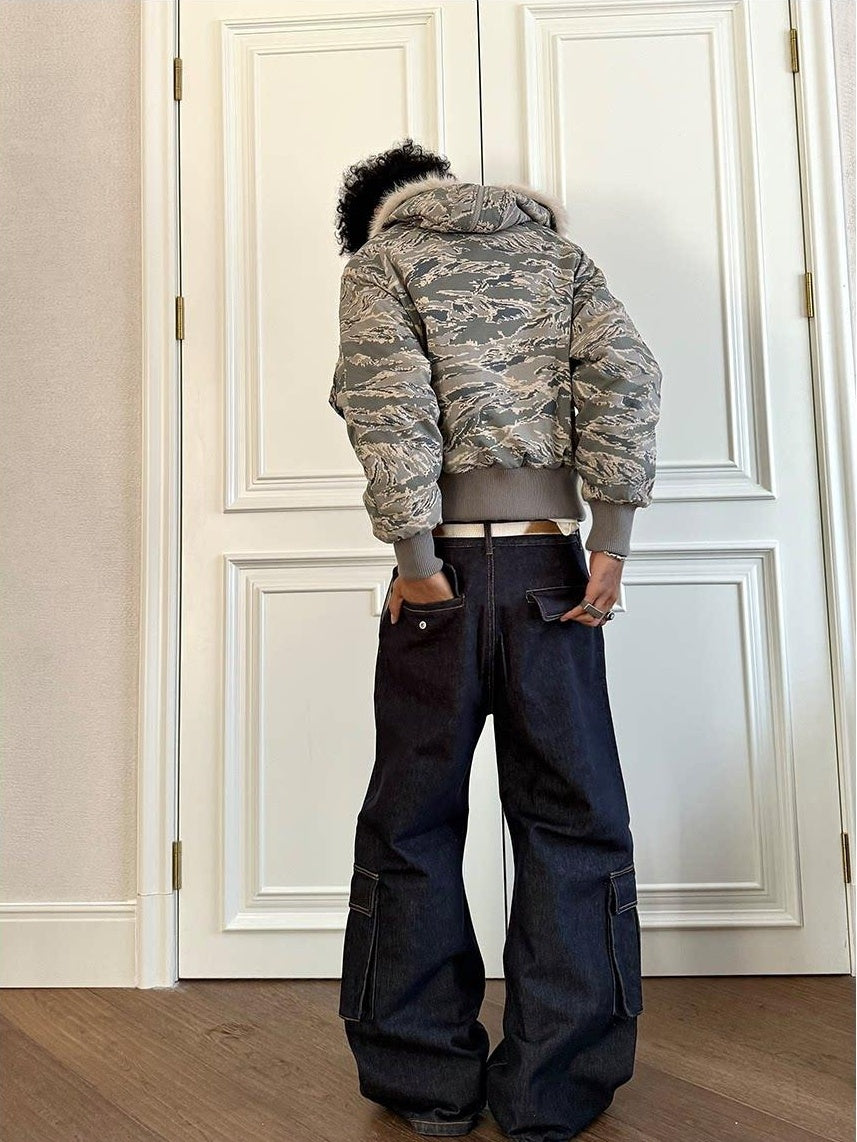 VLABMADE Washed Denim Mid Rise Flare Pockets Breathable Vintage Blue Wide Cargo Pants