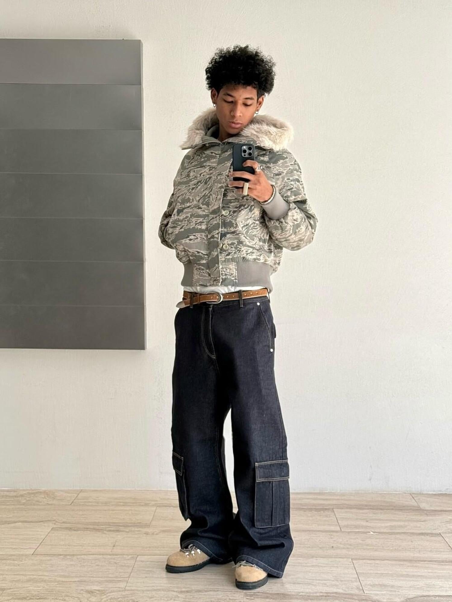 VLABMADE Washed Denim Mid Rise Flare Pockets Breathable Vintage Blue Wide Cargo Pants