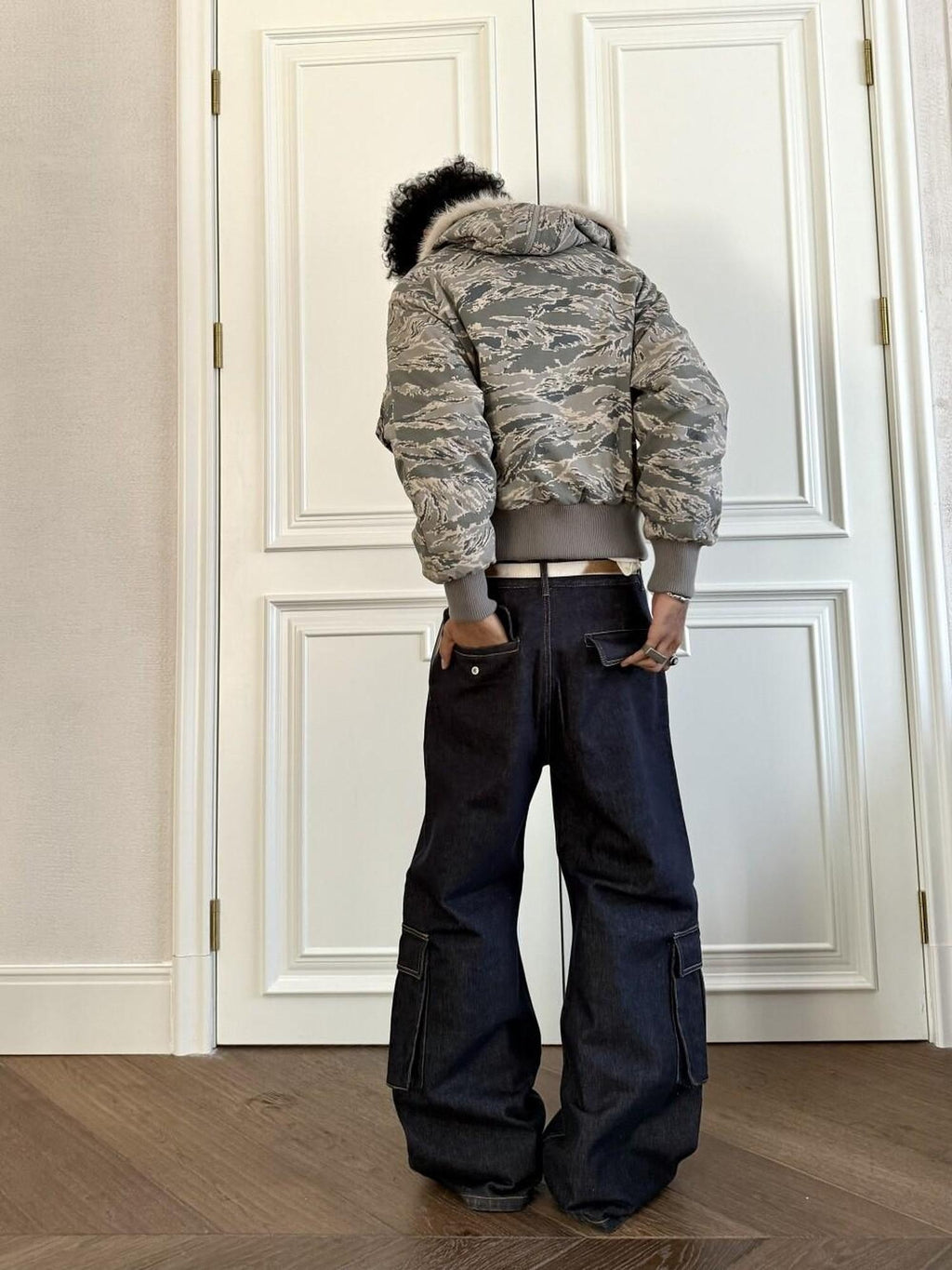 VLABMADE Washed Denim Mid Rise Flare Pockets Breathable Vintage Blue Wide Cargo Pants