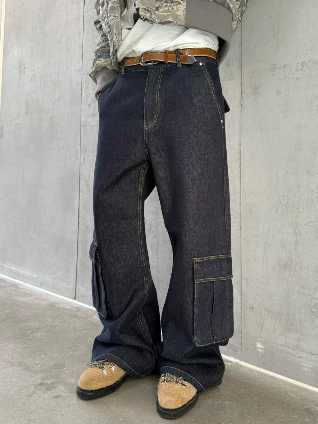 VLABMADE Washed Denim Mid Rise Flare Pockets Breathable Vintage Blue Wide Cargo Pants