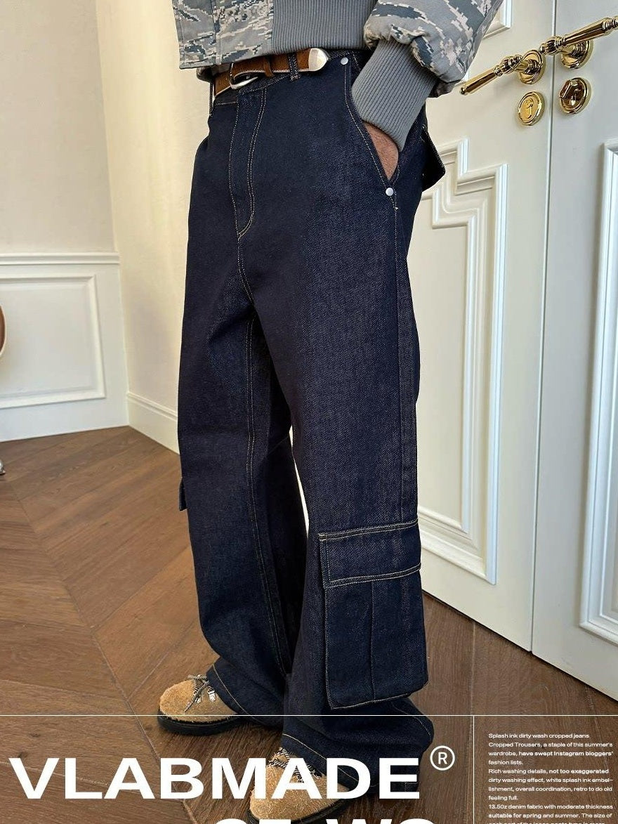 VLABMADE Washed Denim Mid Rise Flare Pockets Breathable Vintage Blue Wide Cargo Pants