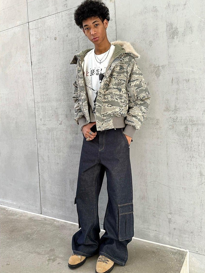 VLABMADE Washed Denim Mid Rise Flare Pockets Breathable Vintage Blue Wide Cargo Pants