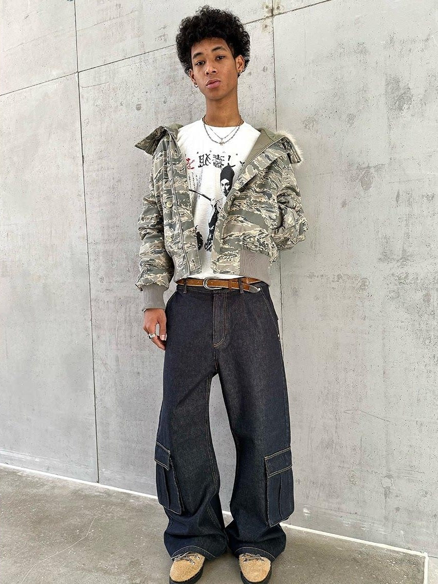 VLABMADE Washed Denim Mid Rise Flare Pockets Breathable Vintage Blue Wide Cargo Pants