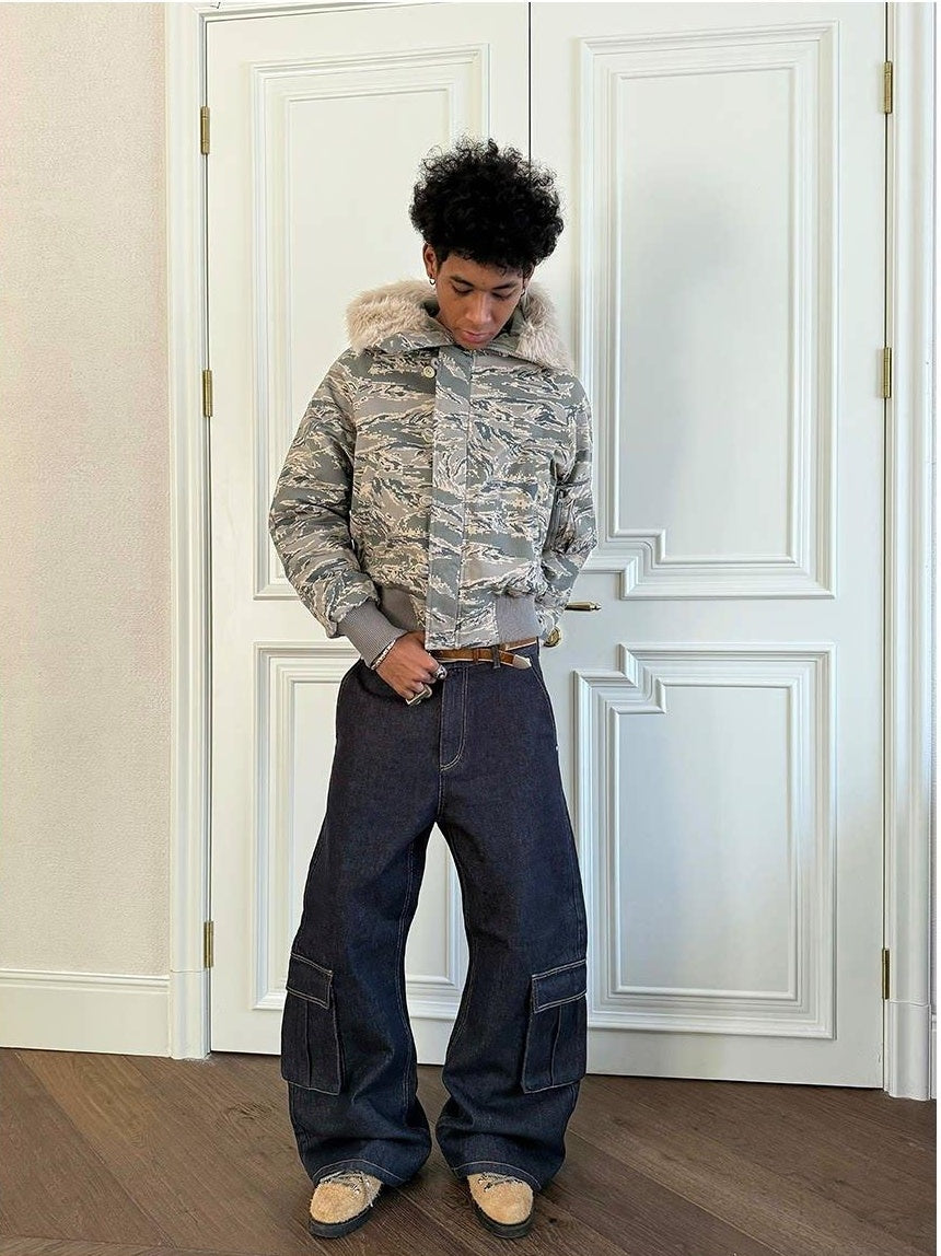 VLABMADE Washed Denim Mid Rise Flare Pockets Breathable Vintage Blue Wide Cargo Pants
