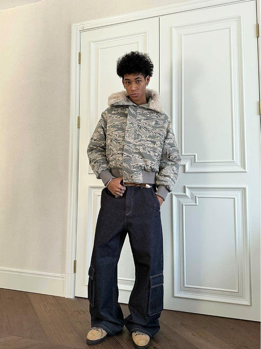 VLABMADE Washed Denim Mid Rise Flare Pockets Breathable Vintage Blue Wide Cargo Pants